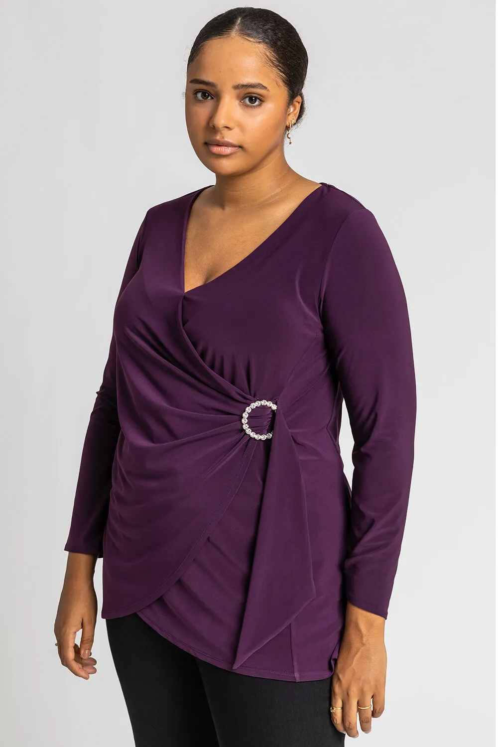 Curve Wrap Diamante Buckle Top in Plum - Roman Originals UK