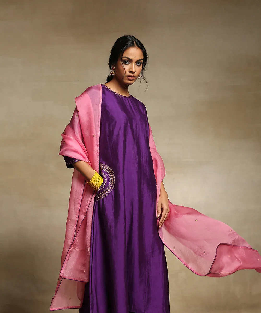 Deep Purple Handloom Chanderi Kurta With Straight Chanderi Pants And Organza Dupatta