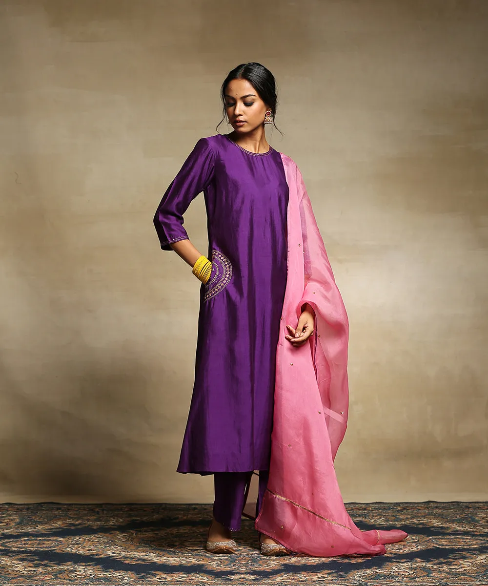 Deep Purple Handloom Chanderi Kurta With Straight Chanderi Pants And Organza Dupatta