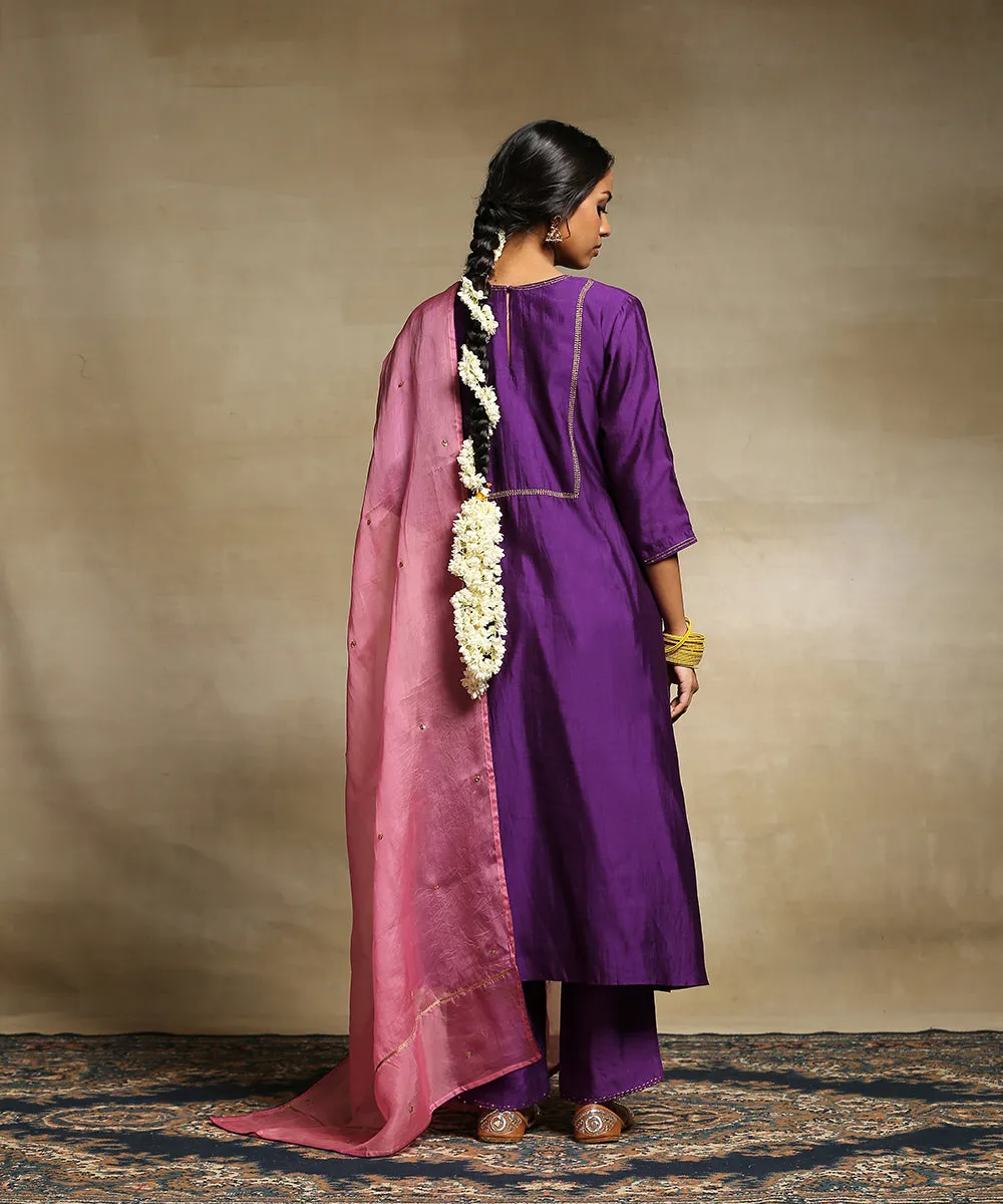 Deep Purple Handloom Chanderi Kurta With Straight Chanderi Pants And Organza Dupatta