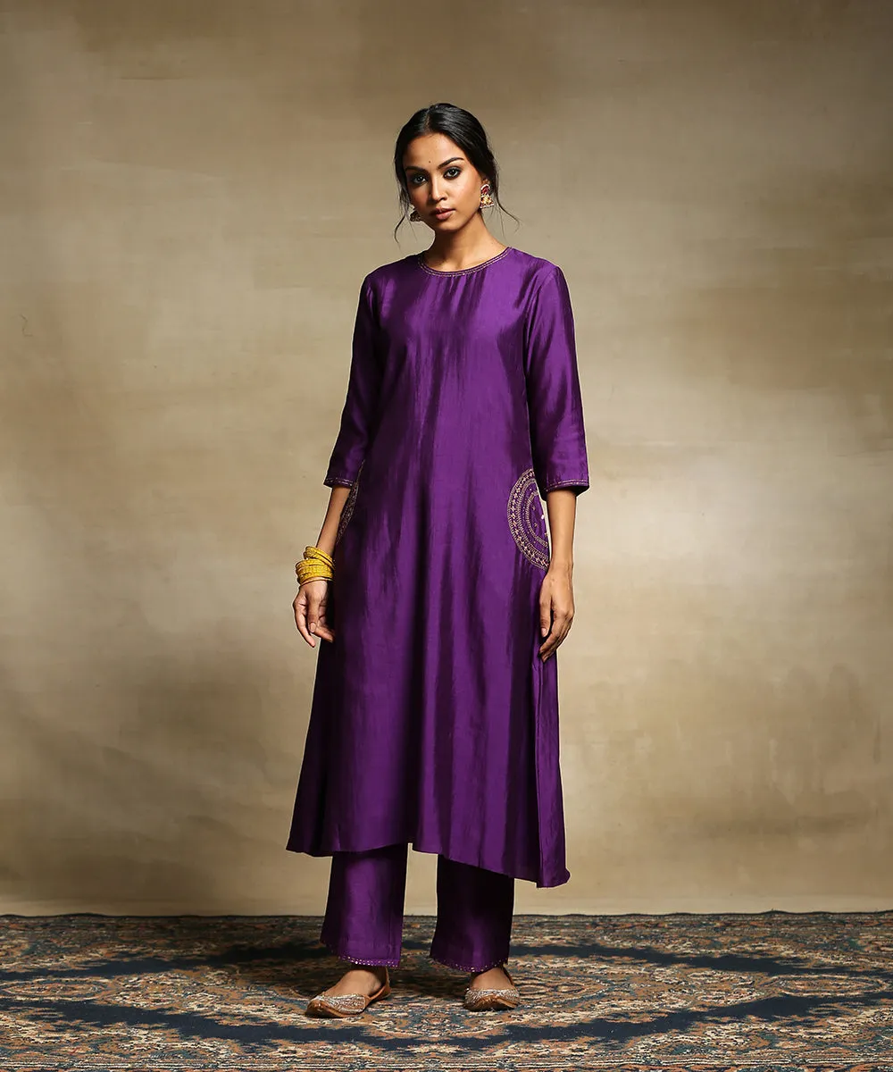 Deep Purple Handloom Chanderi Kurta With Straight Chanderi Pants And Organza Dupatta