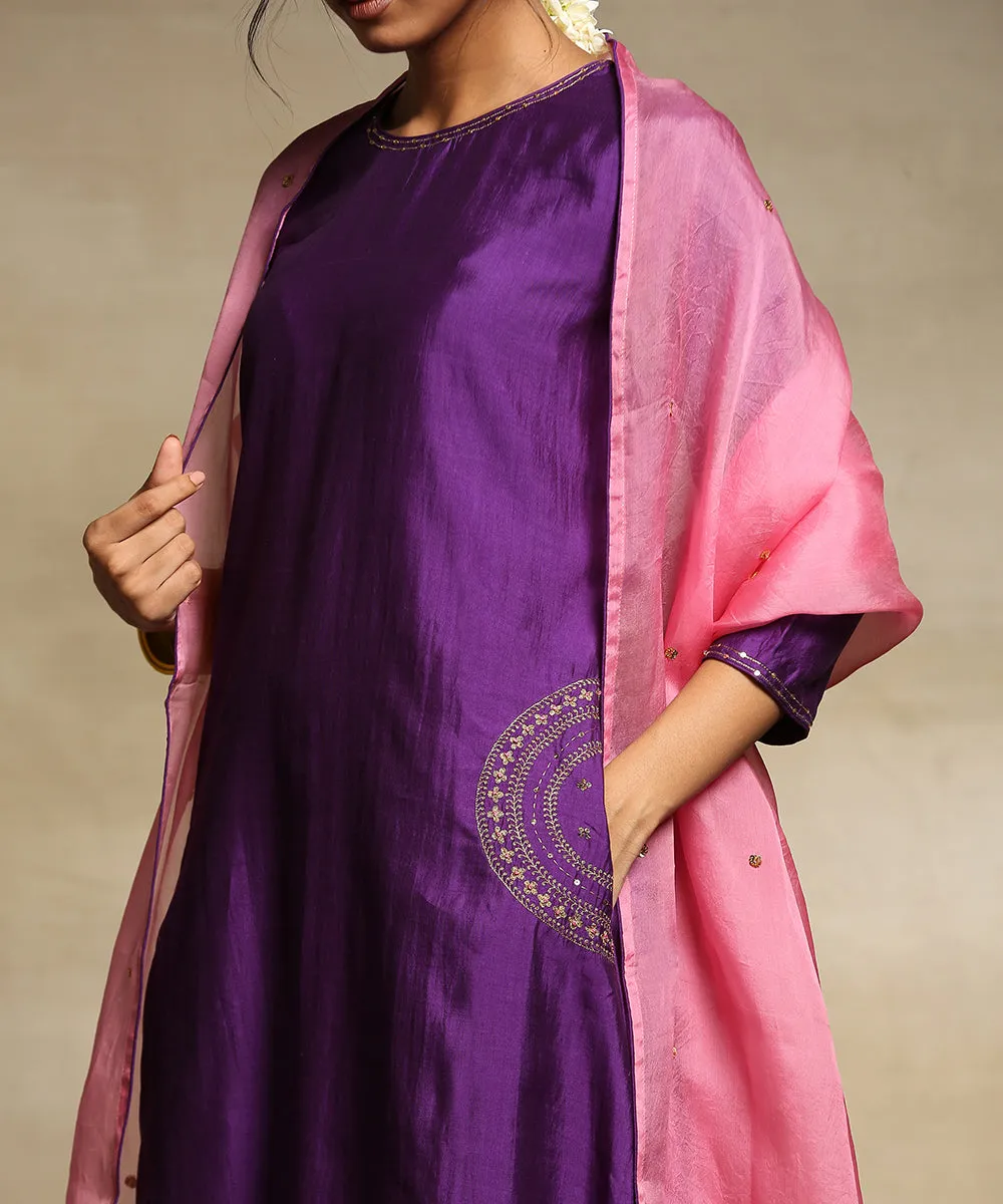 Deep Purple Handloom Chanderi Kurta With Straight Chanderi Pants And Organza Dupatta