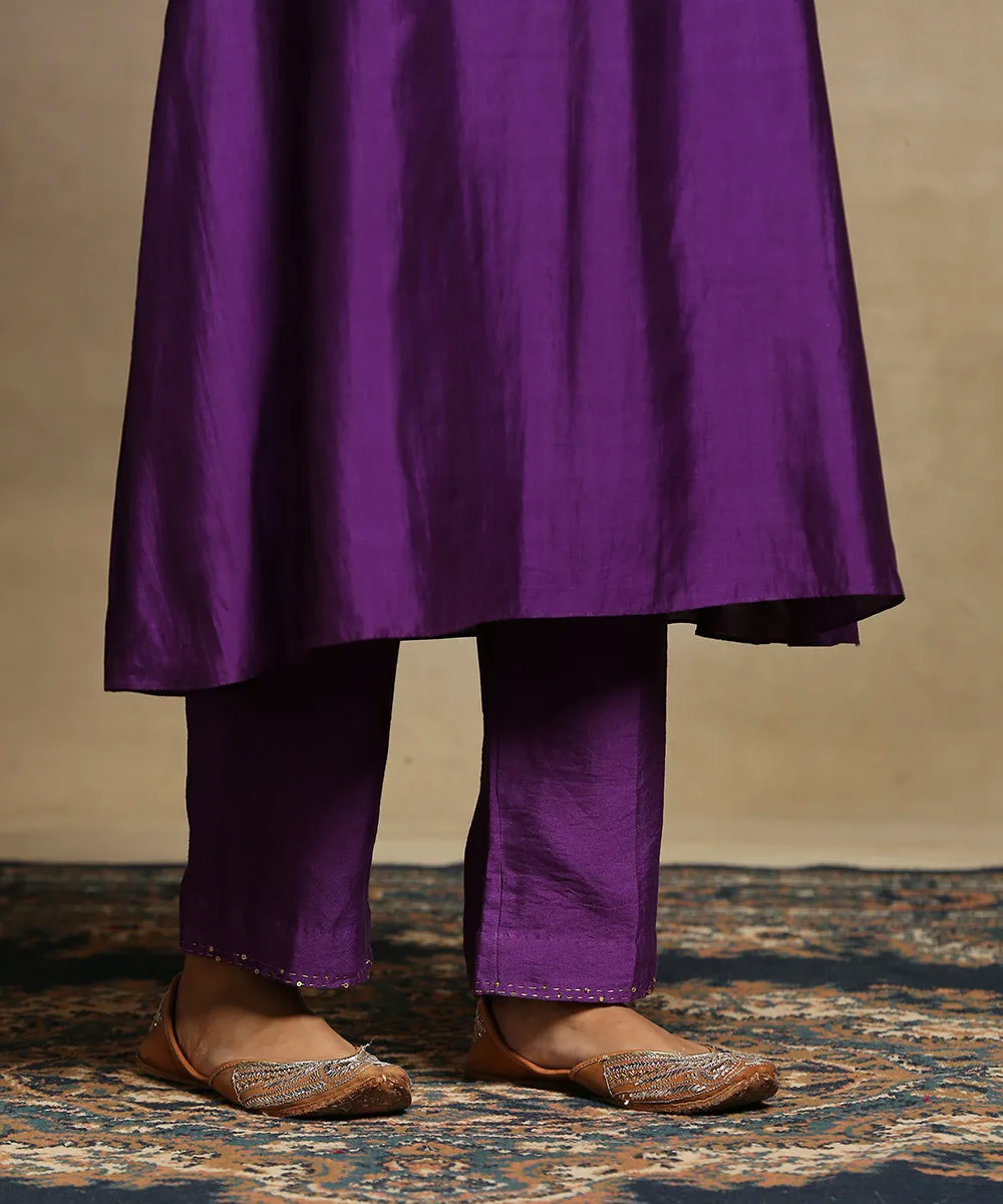 Deep Purple Handloom Chanderi Kurta With Straight Chanderi Pants And Organza Dupatta