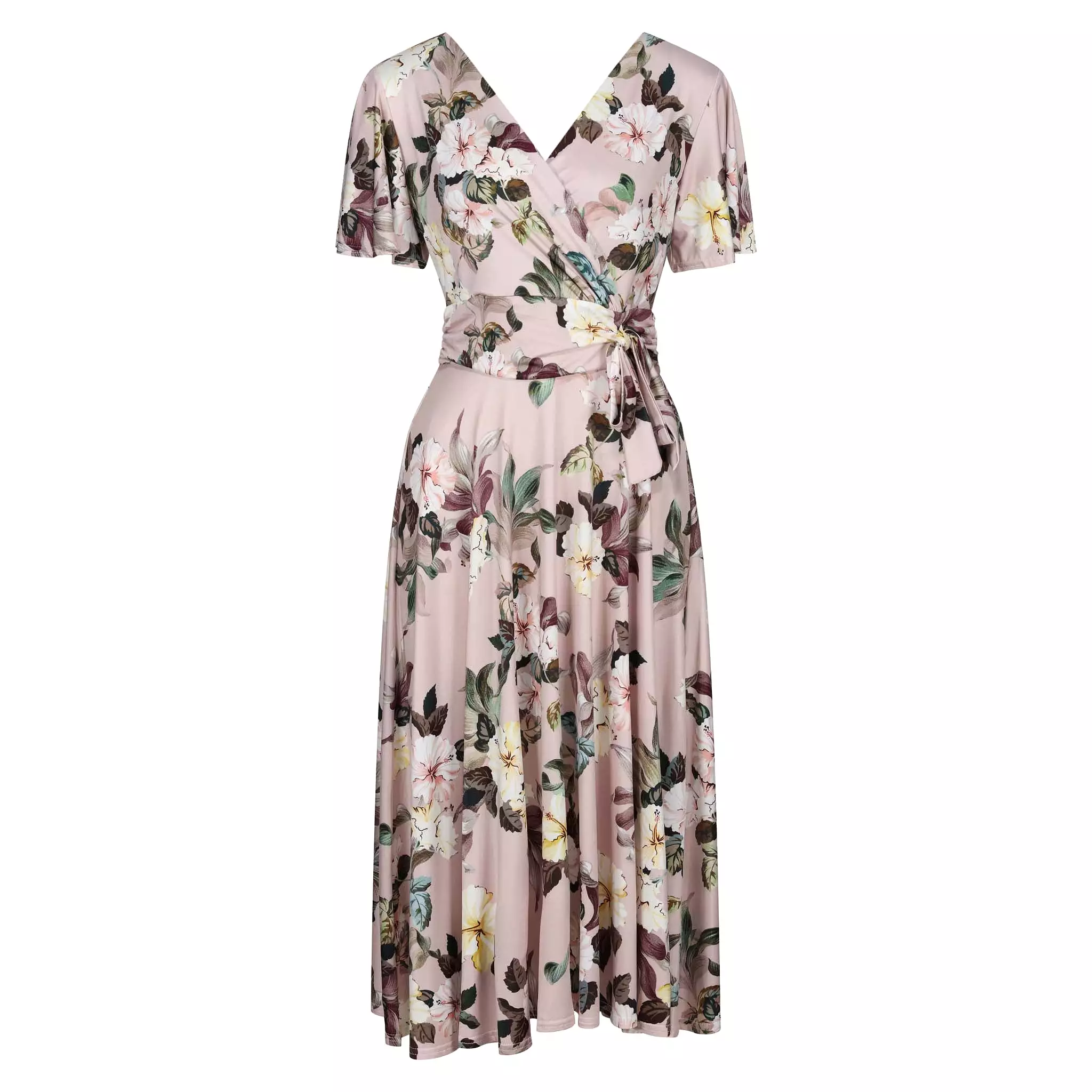 Dusky Pink Floral Print Cap Sleeve V Neck Wrap Top Swing Dress