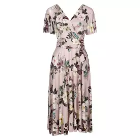 Dusky Pink Floral Print Cap Sleeve V Neck Wrap Top Swing Dress