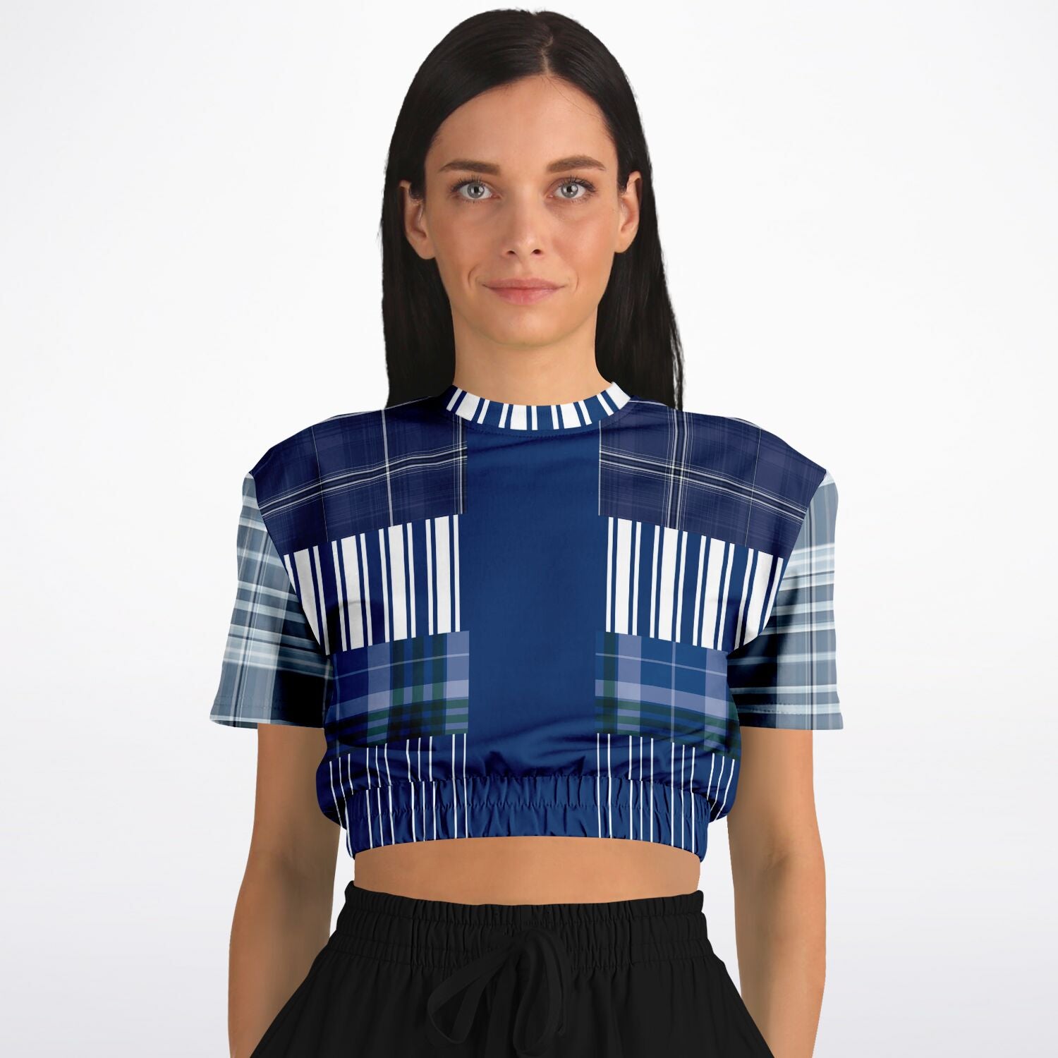 Fair Isle Blue Short Sleeve Cropped Eco-Poly Sweater