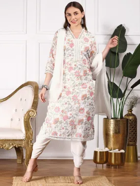 Floral Printed V-Neck Straight Kurta with Dhoti Pants & Dupatta