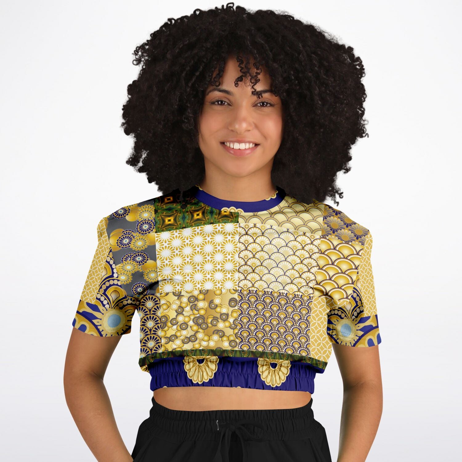 Forever Royale Floral Patchwork Short Sleeve Cropped Eco-Poly Sweater