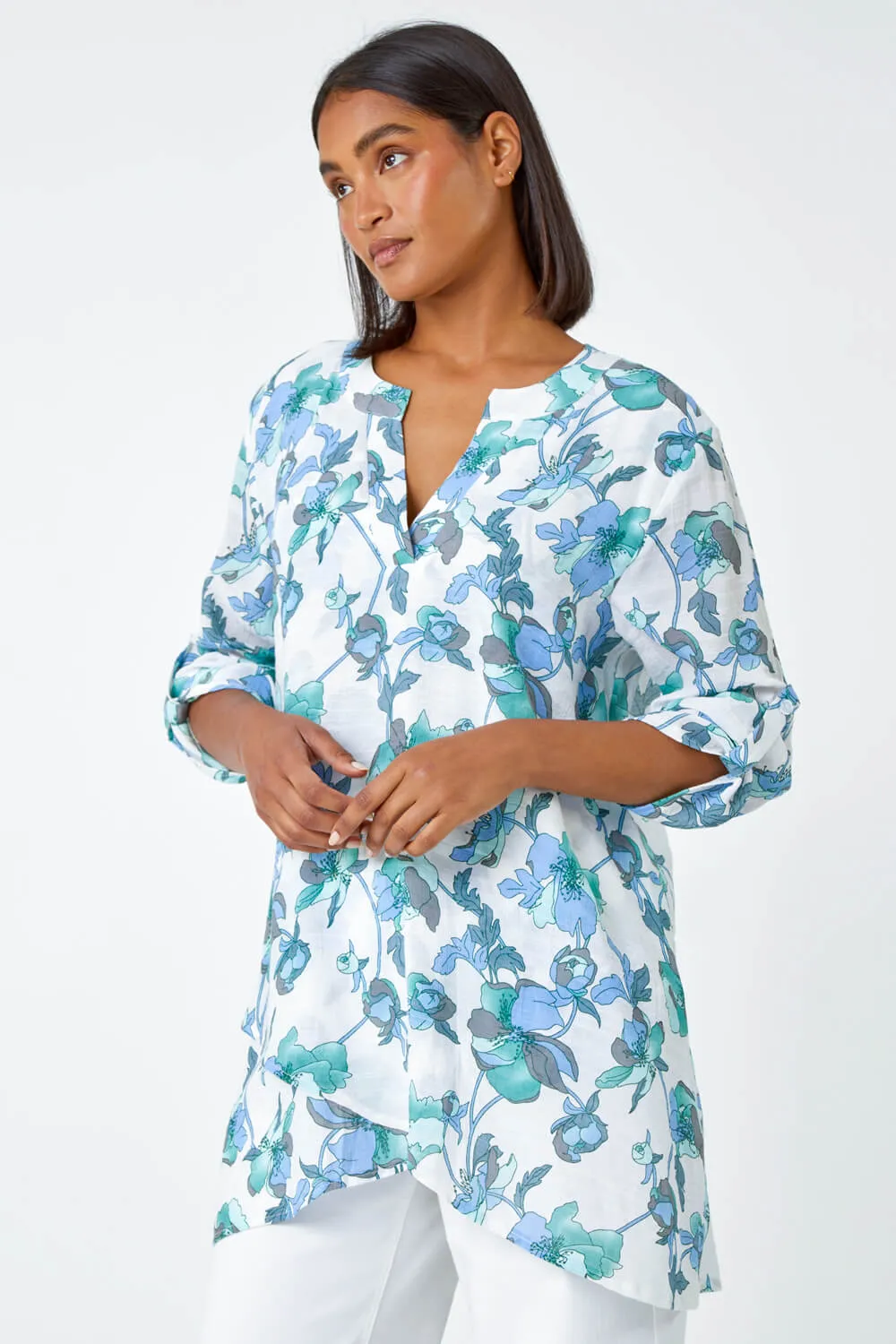 Green Floral Print Wrap Hem Tunic Top | Roman UK