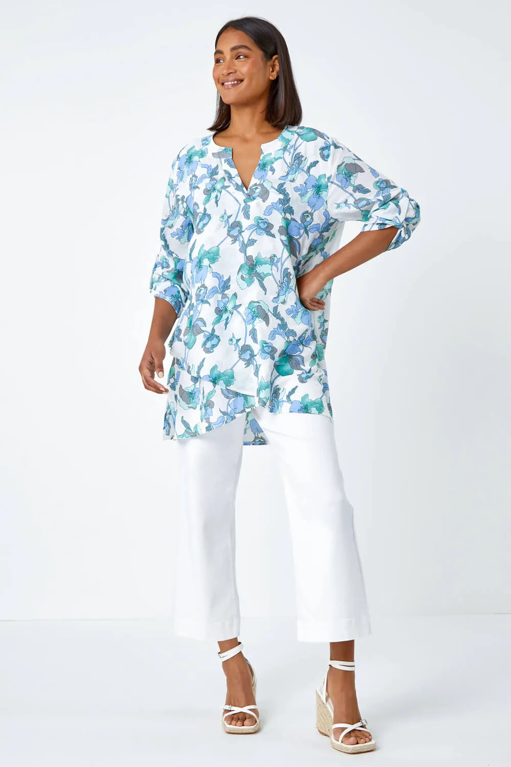 Green Floral Print Wrap Hem Tunic Top | Roman UK