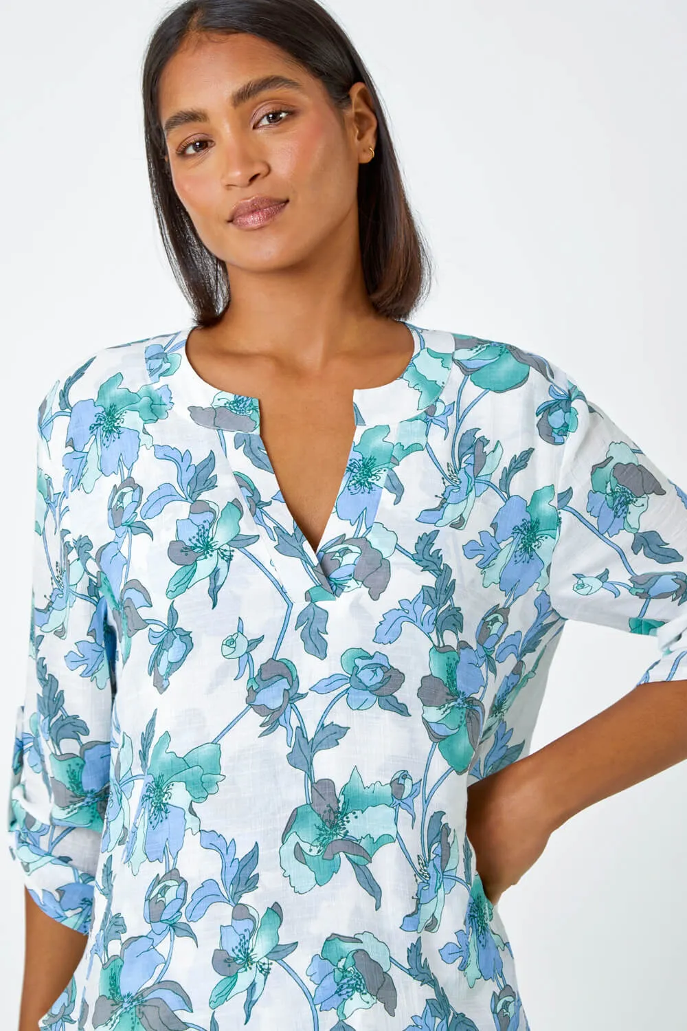 Green Floral Print Wrap Hem Tunic Top | Roman UK