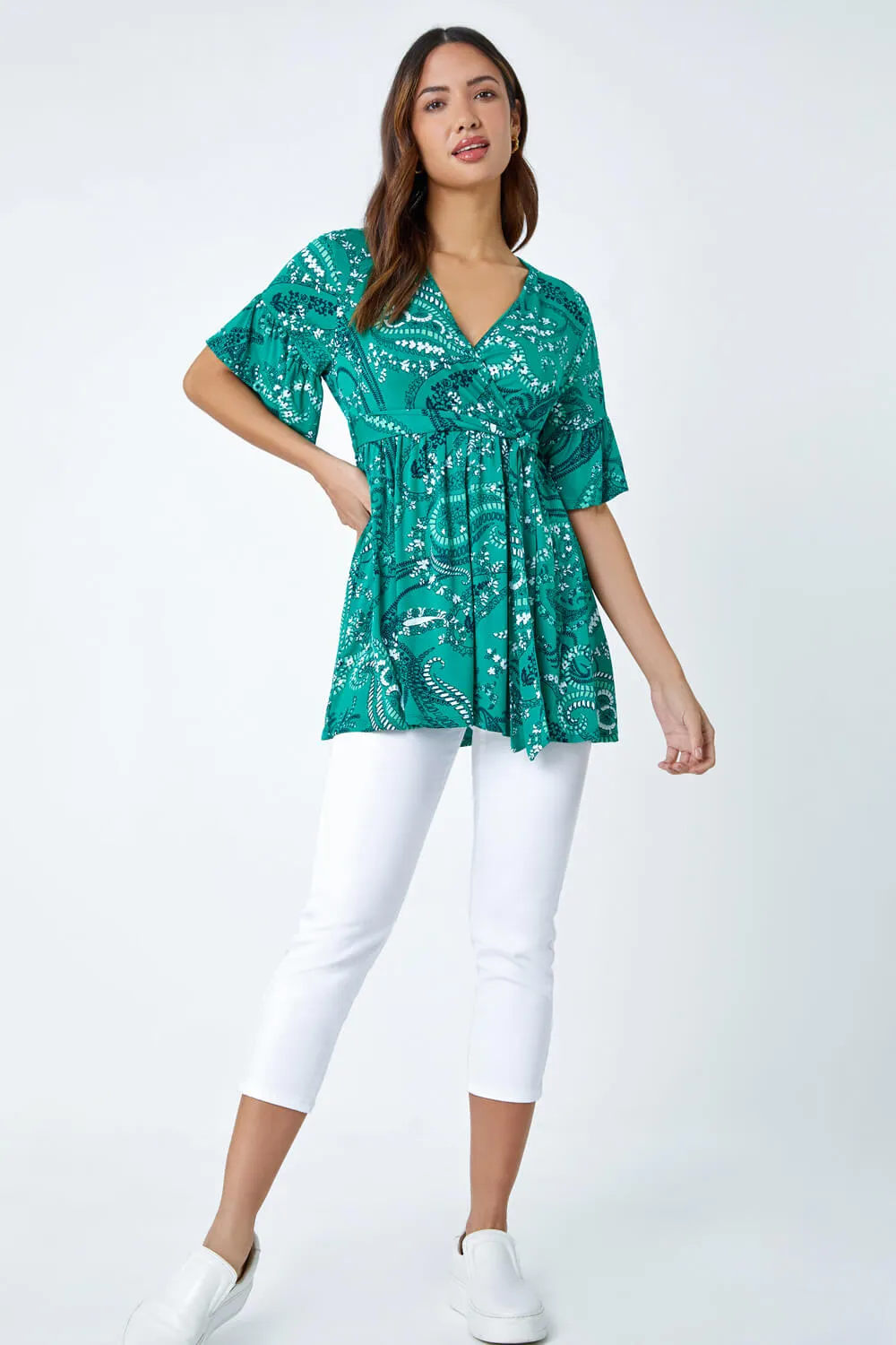 Green Paisley Print Stretch Jersey Wrap Top | Roman UK