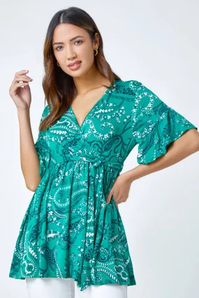 Green Paisley Print Stretch Jersey Wrap Top | Roman UK