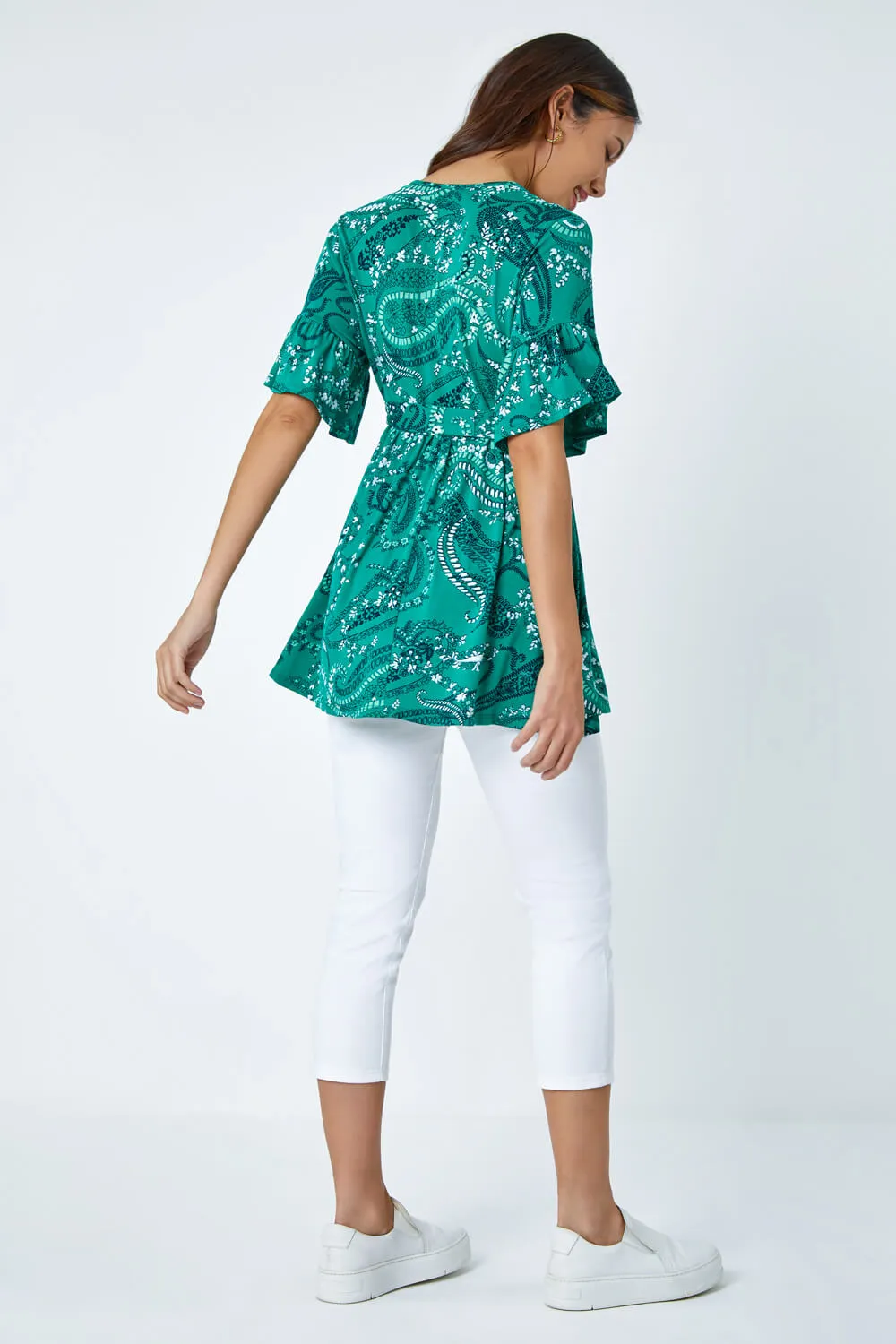 Green Paisley Print Stretch Jersey Wrap Top | Roman UK