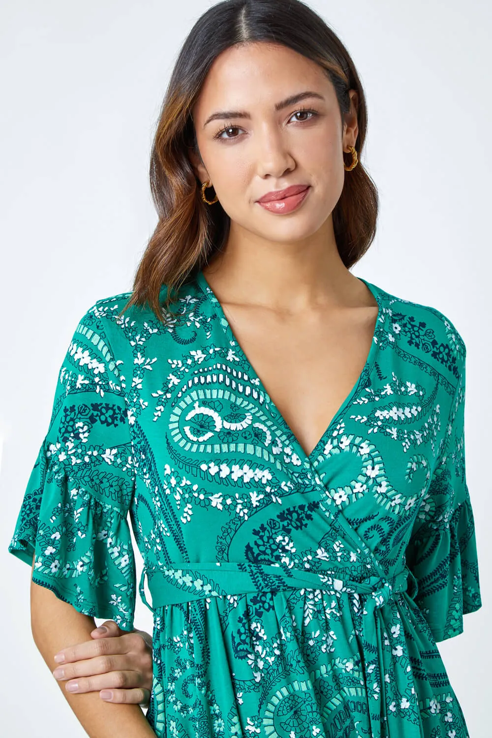 Green Paisley Print Stretch Jersey Wrap Top | Roman UK