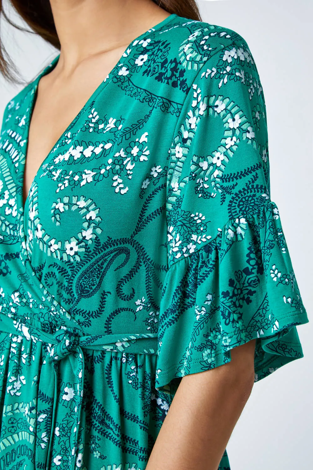 Green Paisley Print Stretch Jersey Wrap Top | Roman UK