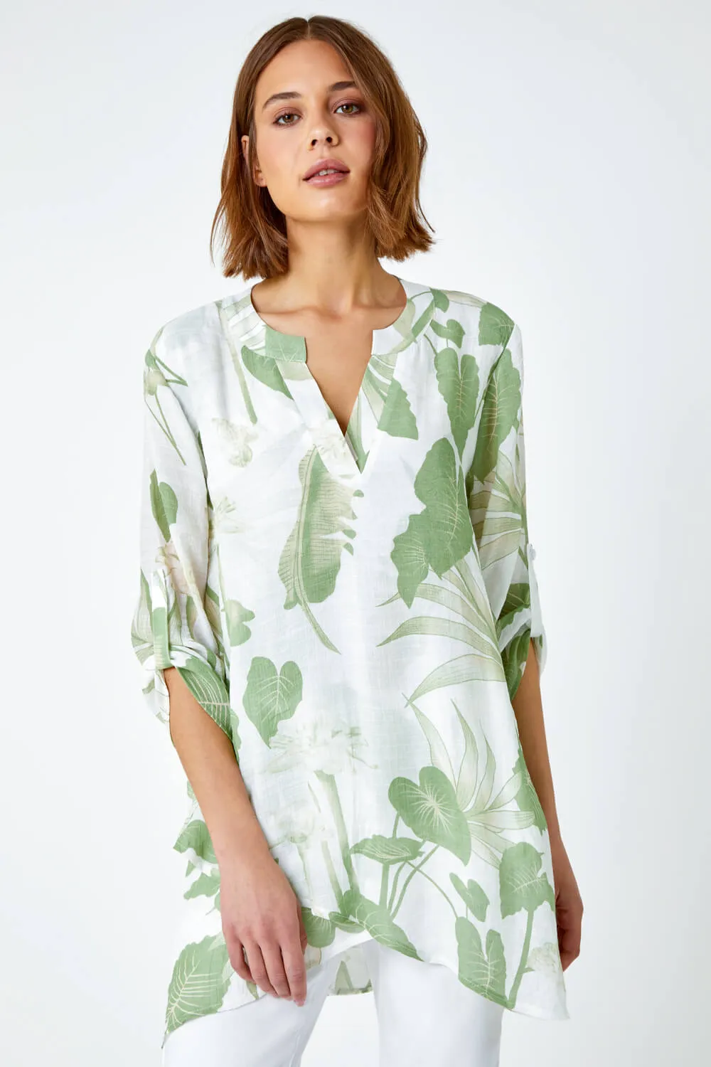 Green Palm Print Wrap Hem Tunic Top | Roman UK