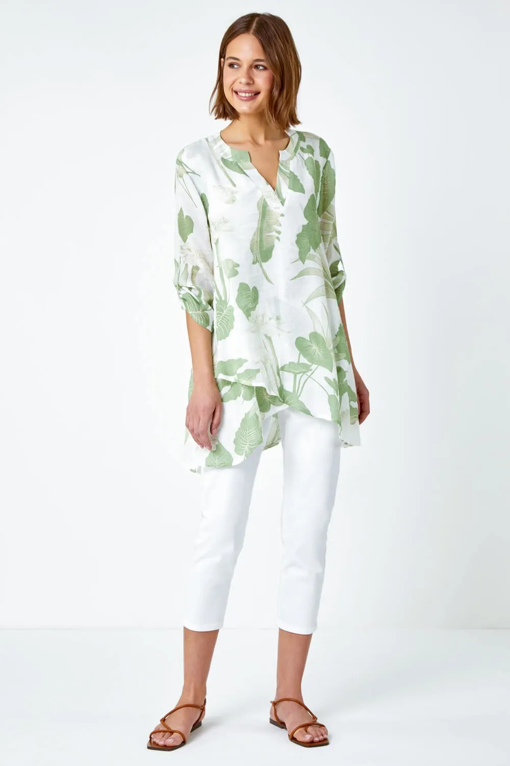 Green Palm Print Wrap Hem Tunic Top | Roman UK