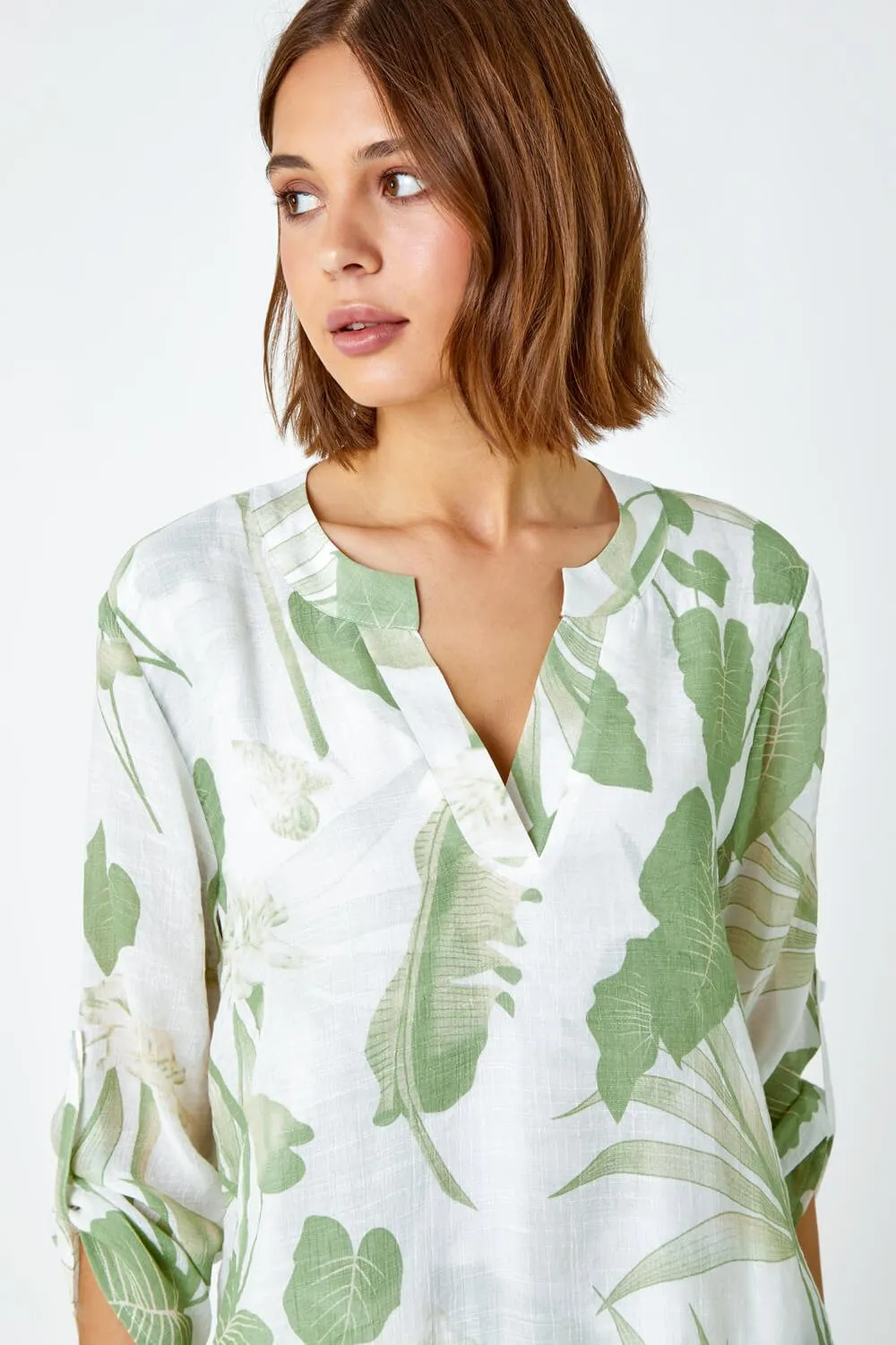 Green Palm Print Wrap Hem Tunic Top | Roman UK