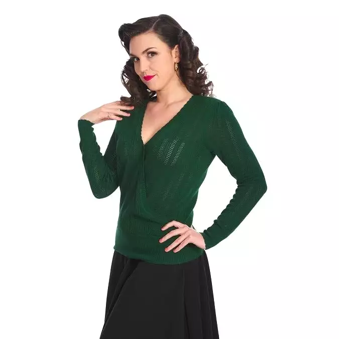 Green Vintage Long Sleeve Knitted Wrap Effect Top