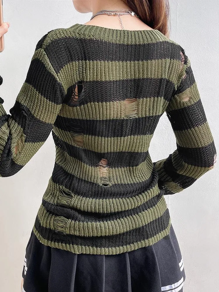 Grunge Distressed Striped Sweater