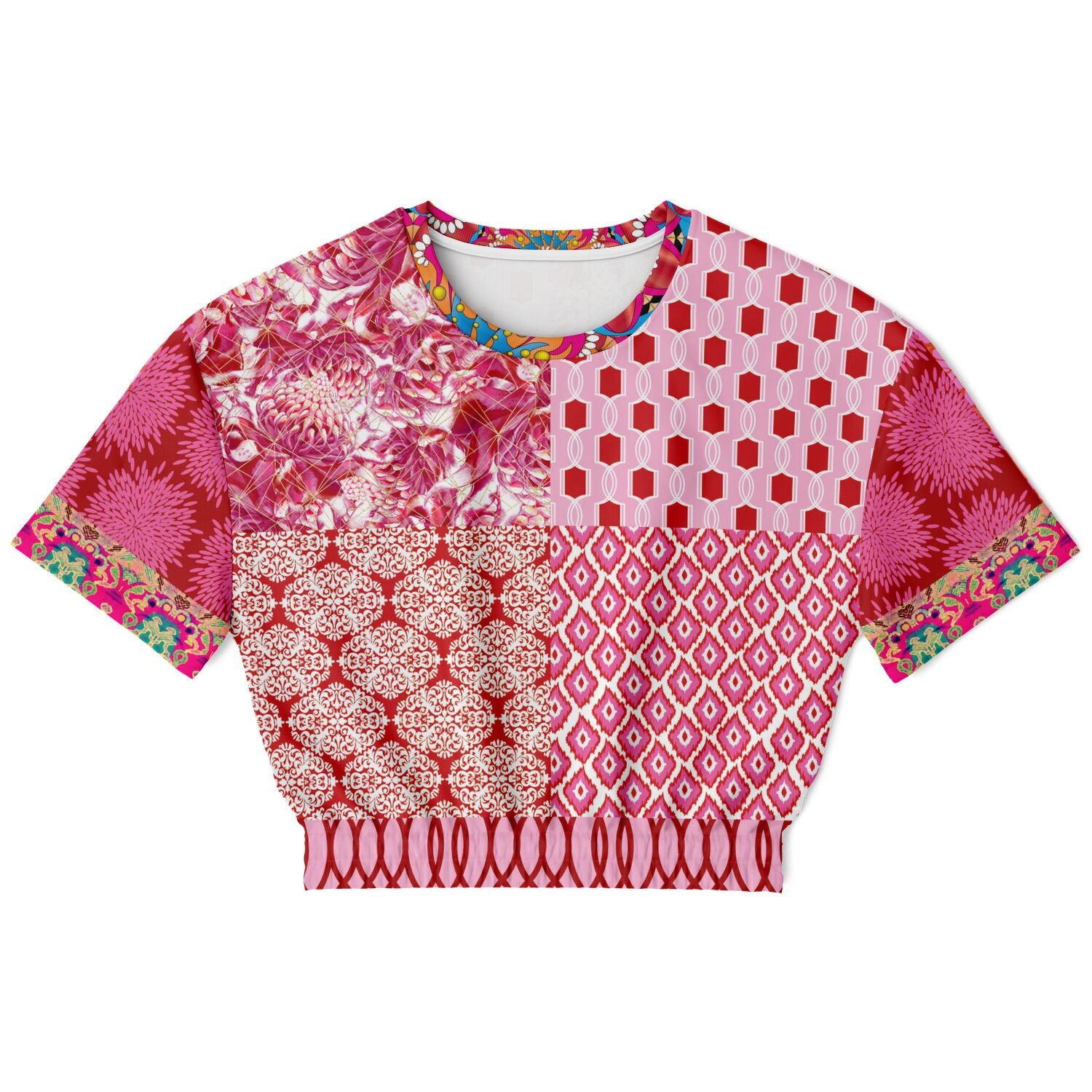 Gypsy Beat Pink Patchwork Short Sleeve Cropped Eco-Poly Sweater