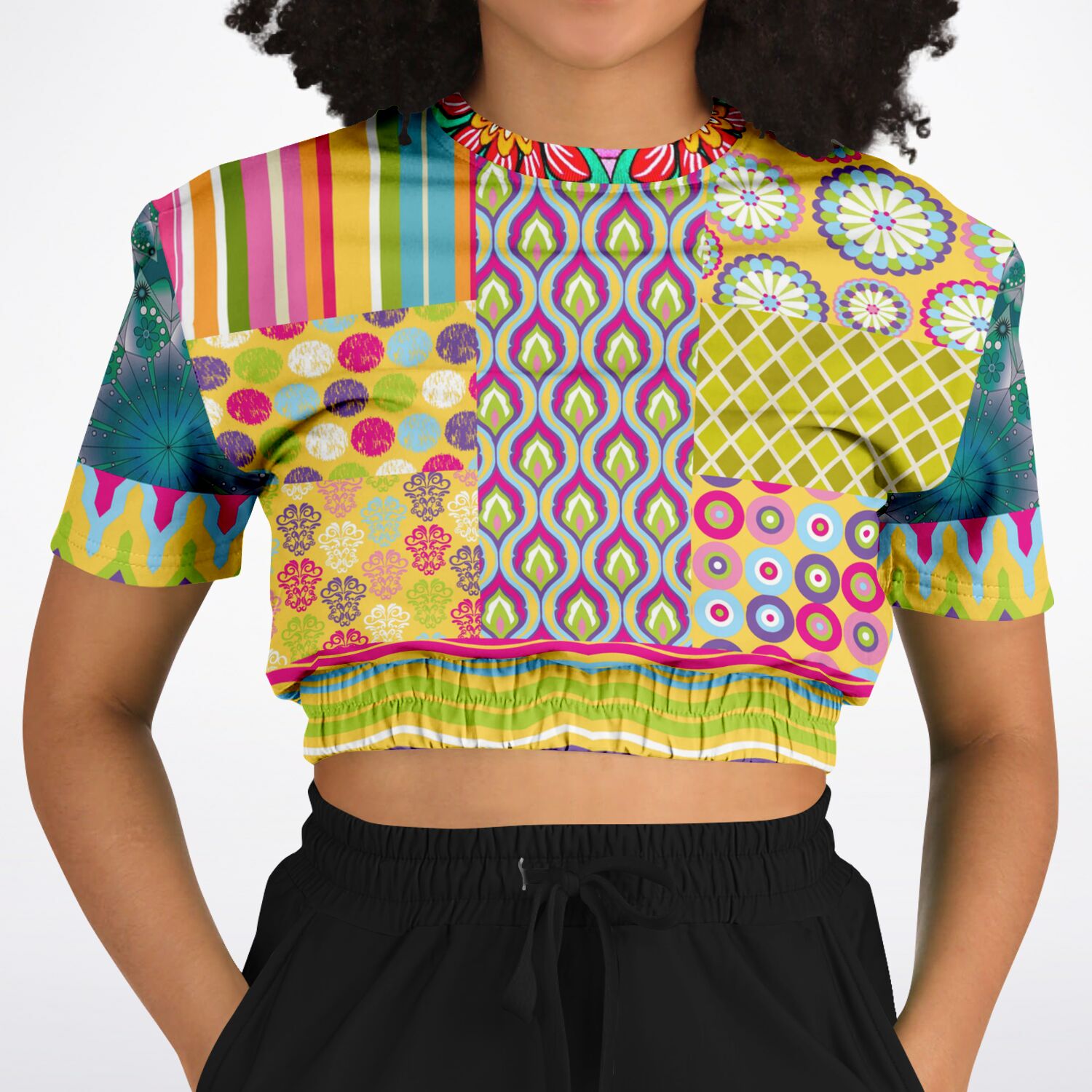 Hello Janis! Green Geo Print Short Sleeve Cropped Sweater