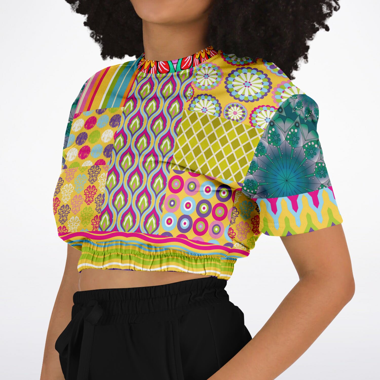 Hello Janis! Green Geo Print Short Sleeve Cropped Sweater