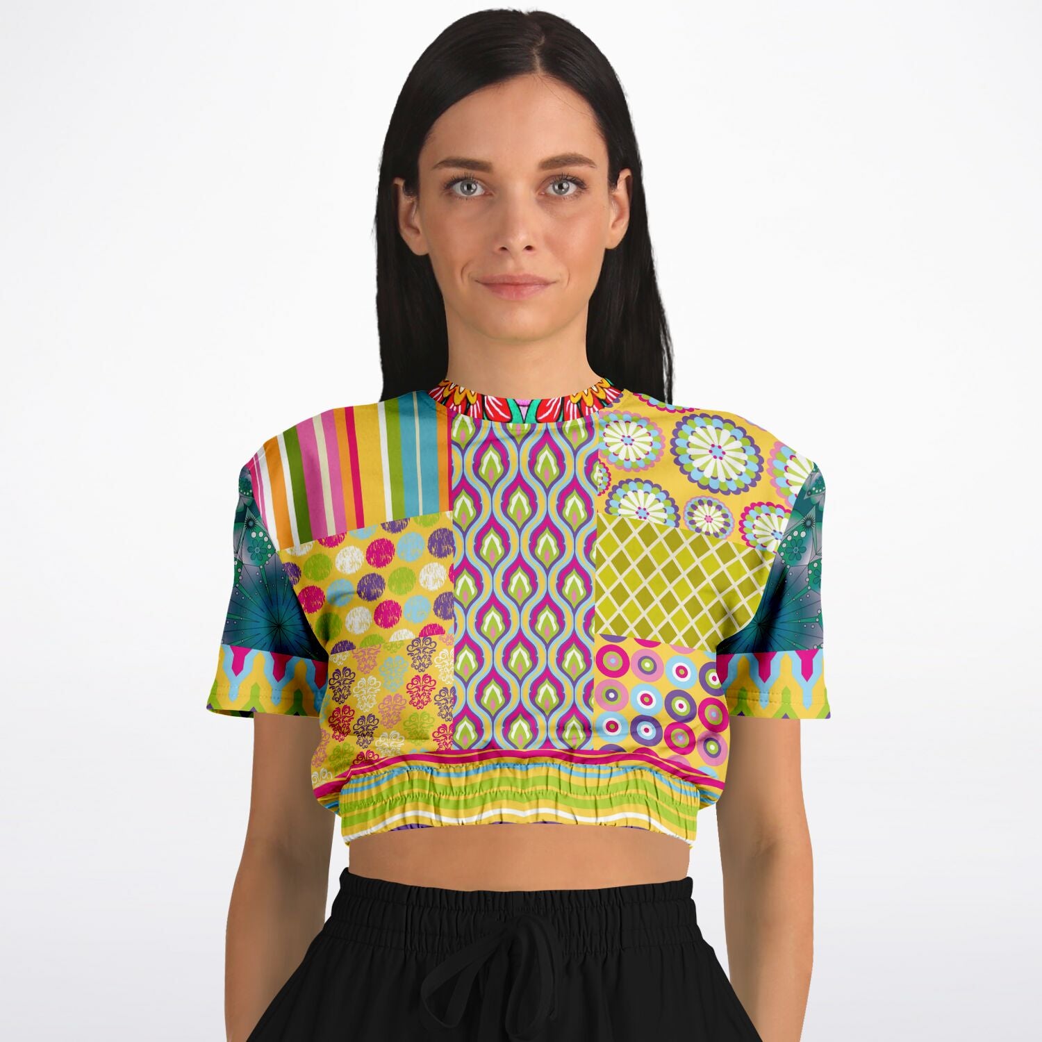 Hello Janis! Green Geo Print Short Sleeve Cropped Sweater