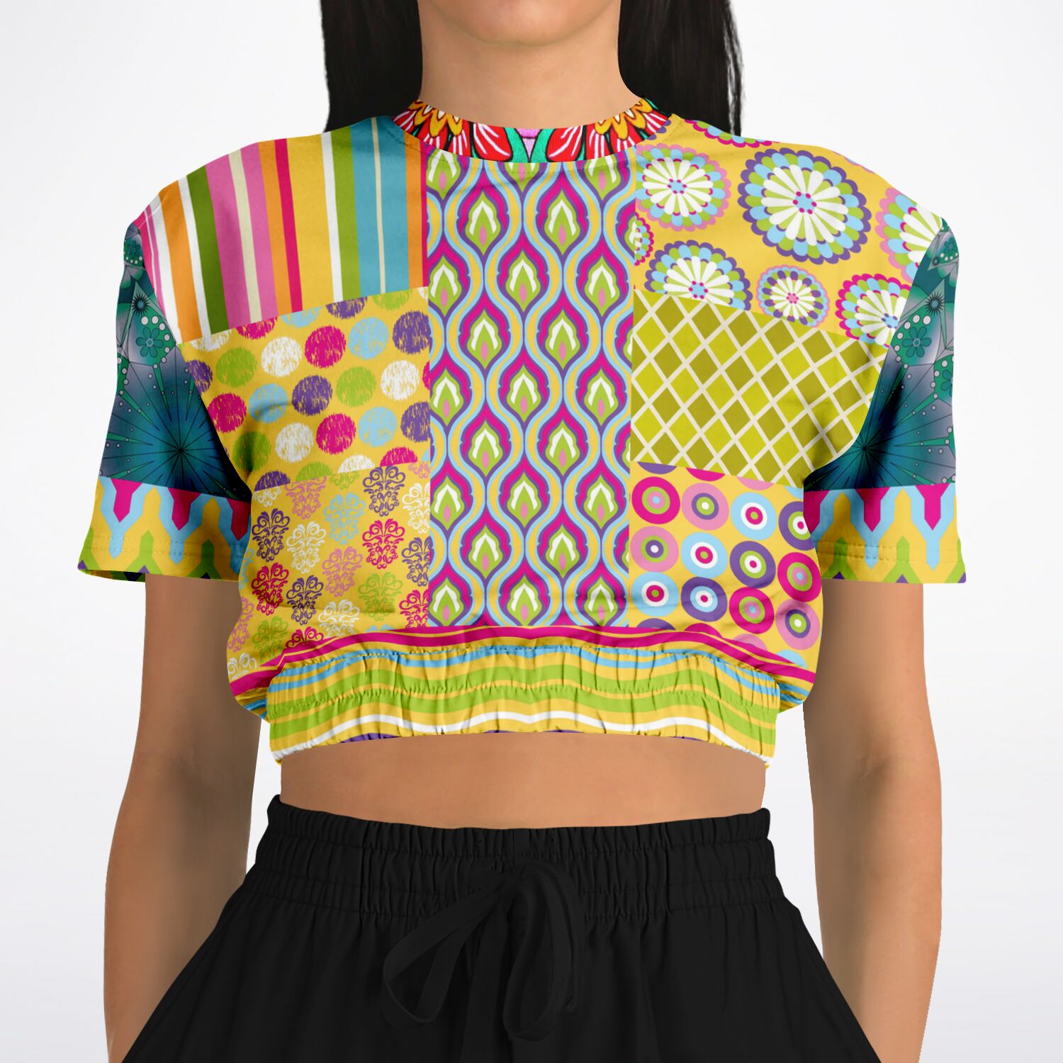 Hello Janis! Green Geo Print Short Sleeve Cropped Sweater