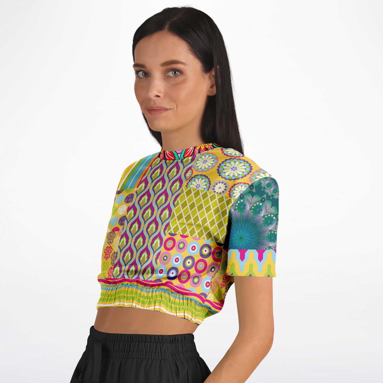 Hello Janis! Green Geo Print Short Sleeve Cropped Sweater