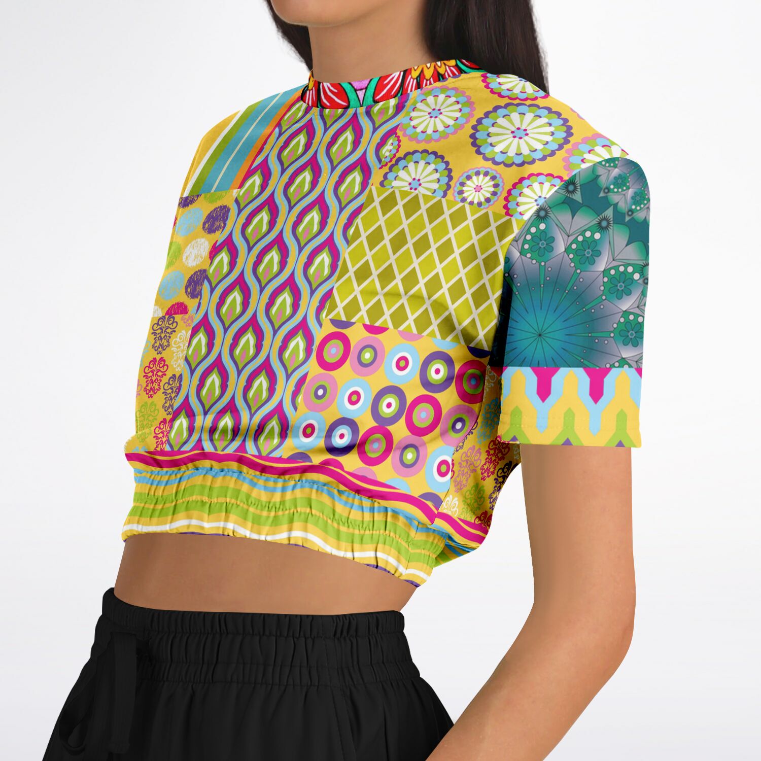 Hello Janis! Green Geo Print Short Sleeve Cropped Sweater