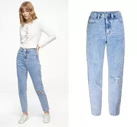 High Waist Loose Straight Wide Leg Pants Ripped Jeans