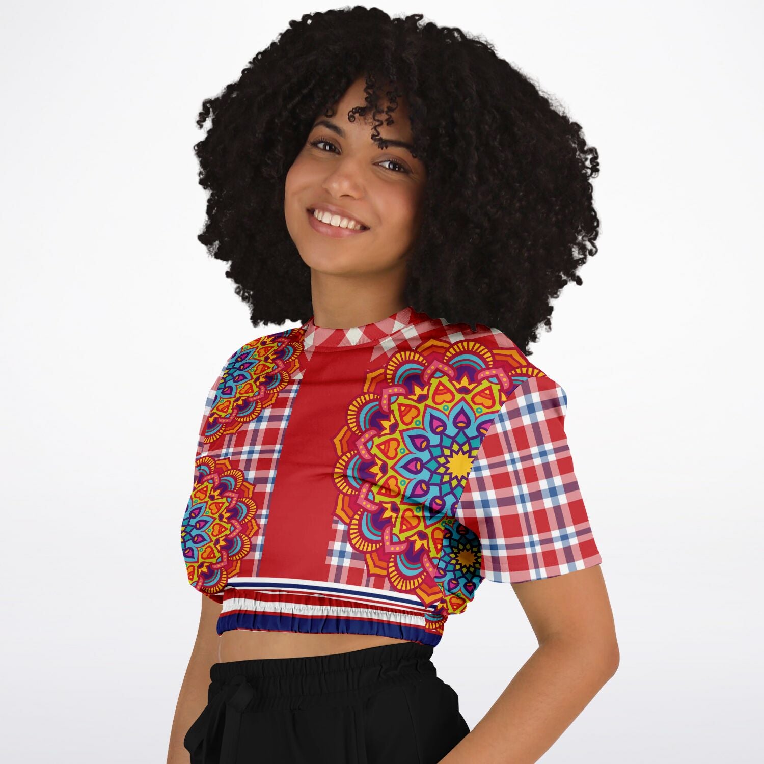 Hippy-Dippy Plaid Short Sleeve Cropped Eco-Poly Sweater