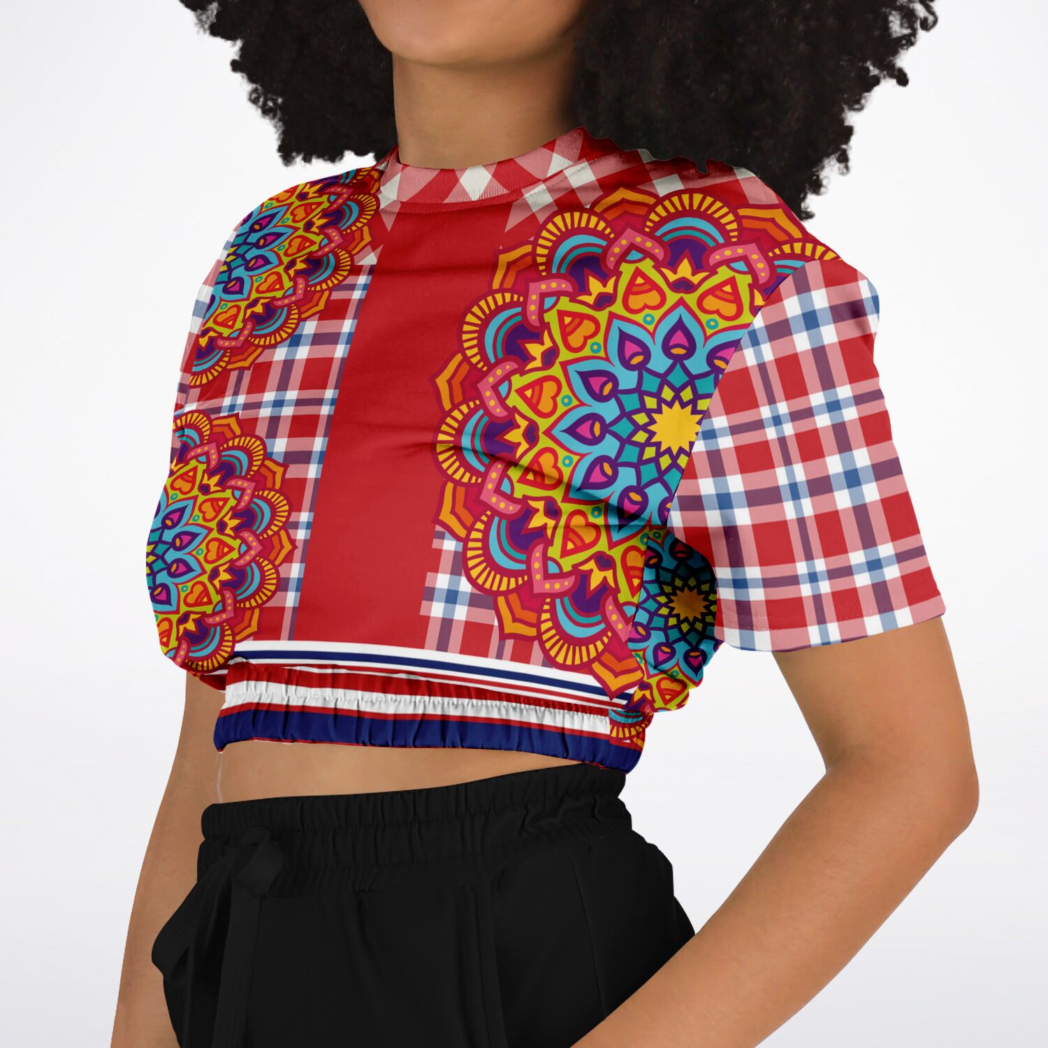 Hippy-Dippy Plaid Short Sleeve Cropped Eco-Poly Sweater