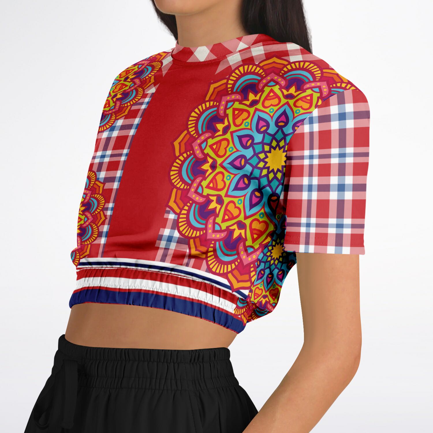 Hippy-Dippy Plaid Short Sleeve Cropped Eco-Poly Sweater