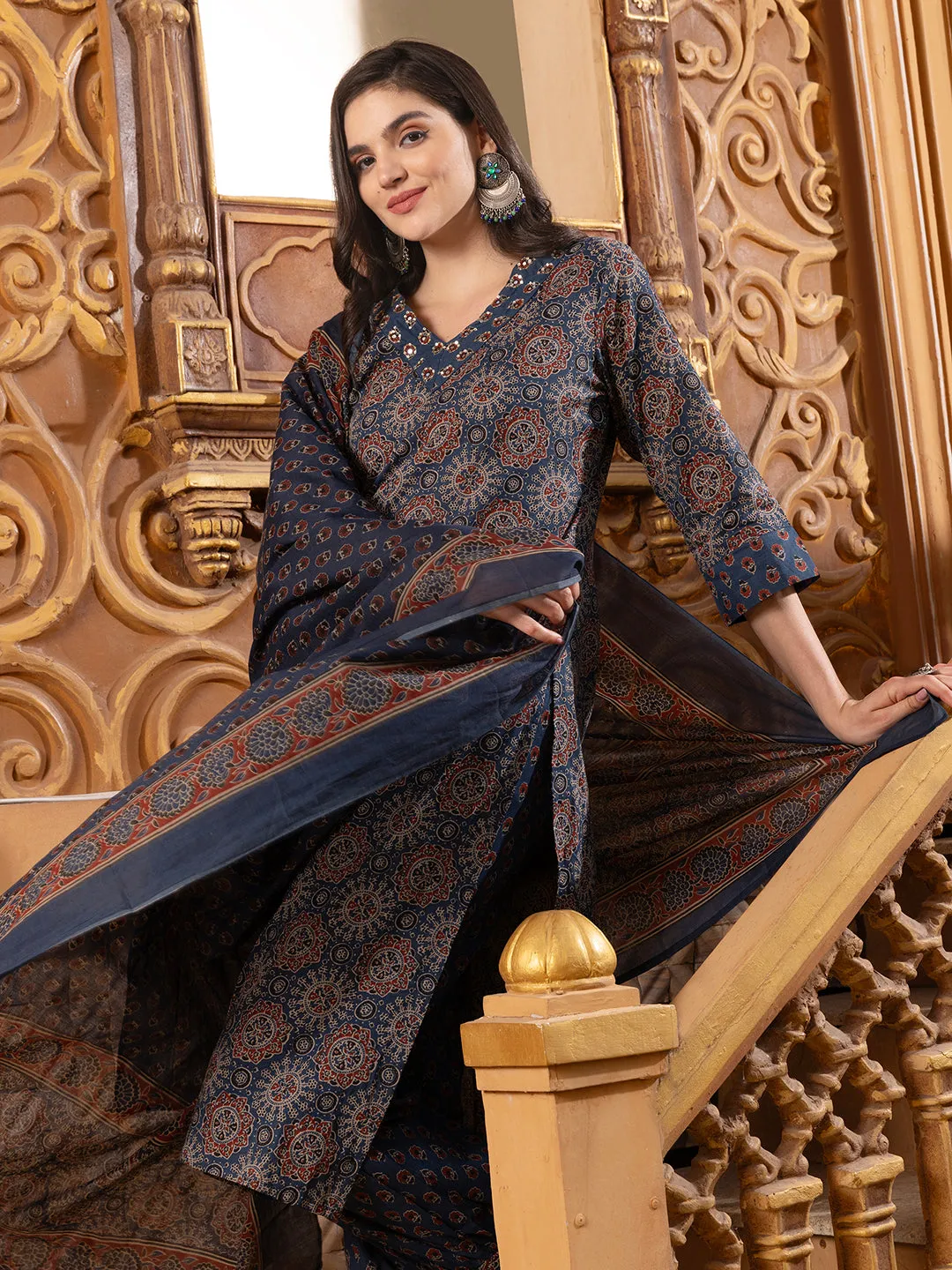 ISHIN Sequinned Ajarakh Printed Cotton Straight Kurta with Printed Pants and Dupatta