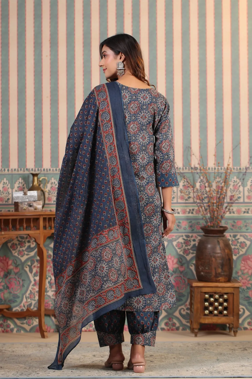 ISHIN Sequinned Ajarakh Printed Cotton Straight Kurta with Printed Pants and Dupatta