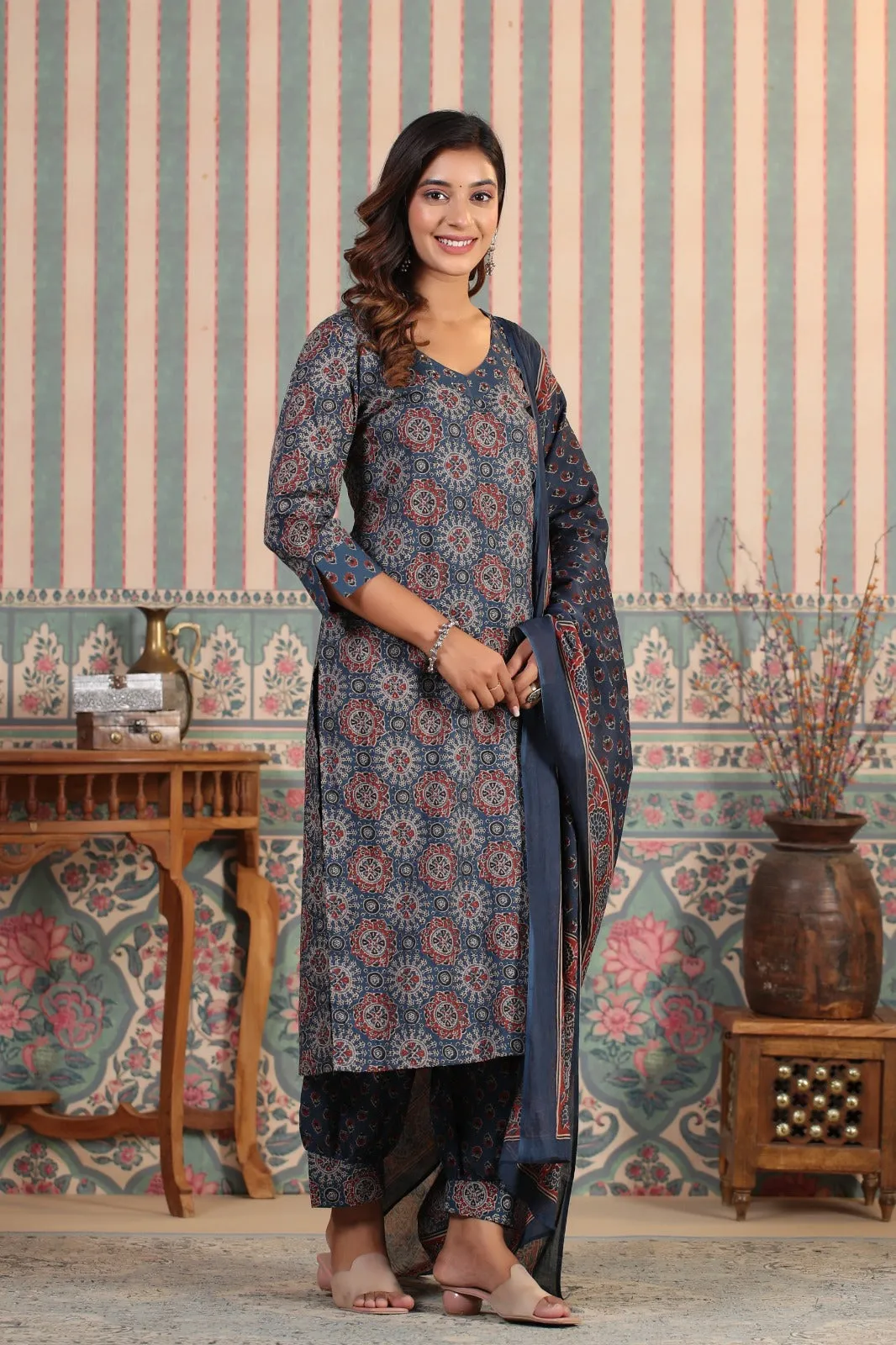 ISHIN Sequinned Ajarakh Printed Cotton Straight Kurta with Printed Pants and Dupatta