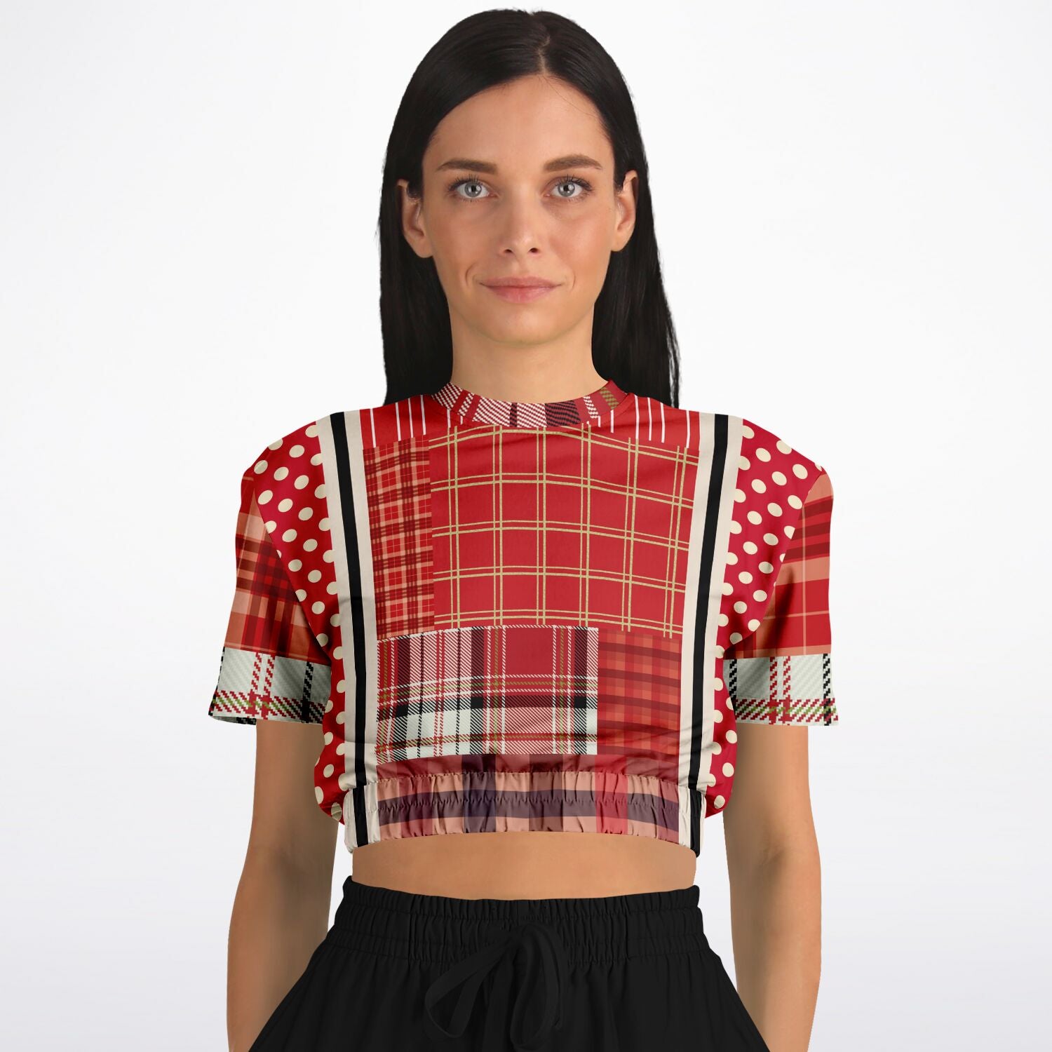 Jersey Salsa Plaid Patchwork Short Sleeve Cropped Eco-Poly Sweater