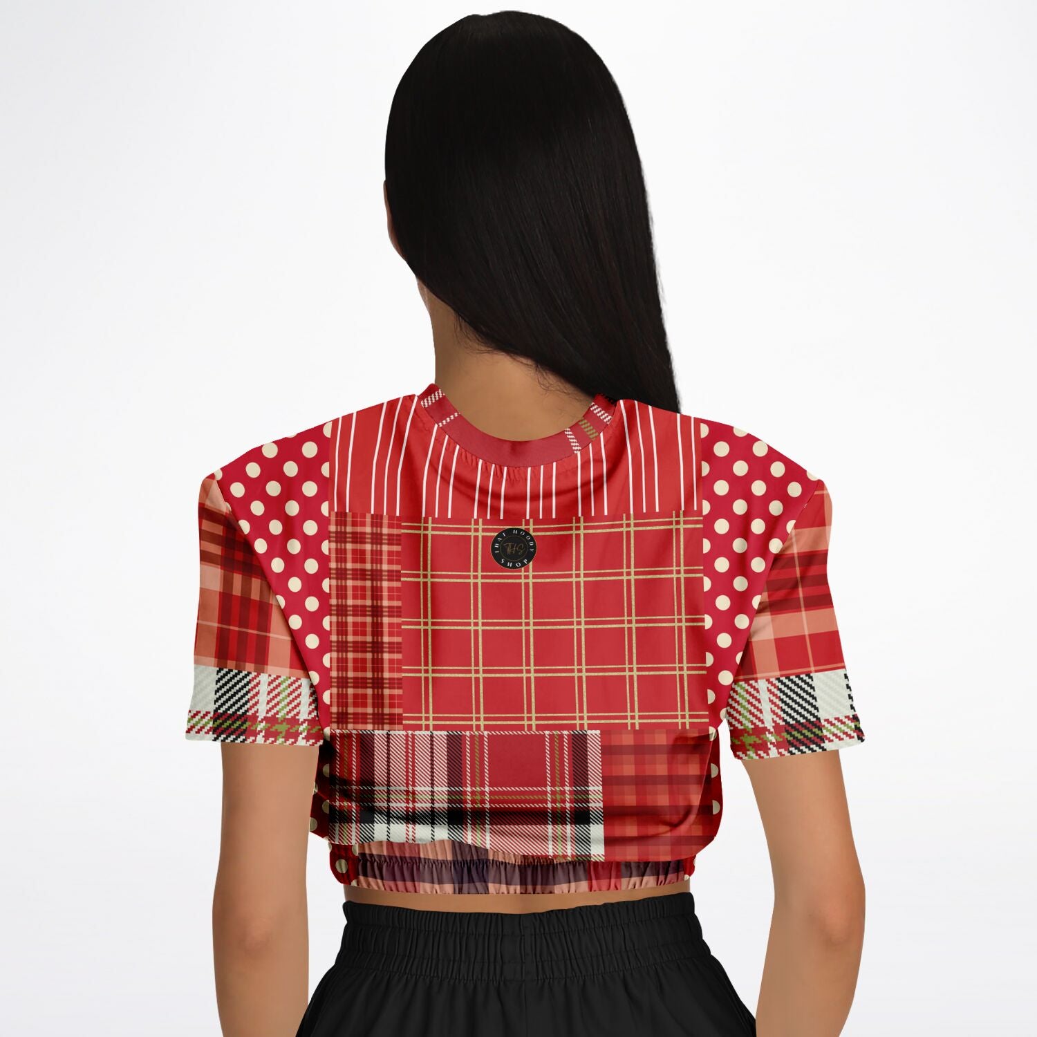 Jersey Salsa Plaid Patchwork Short Sleeve Cropped Eco-Poly Sweater