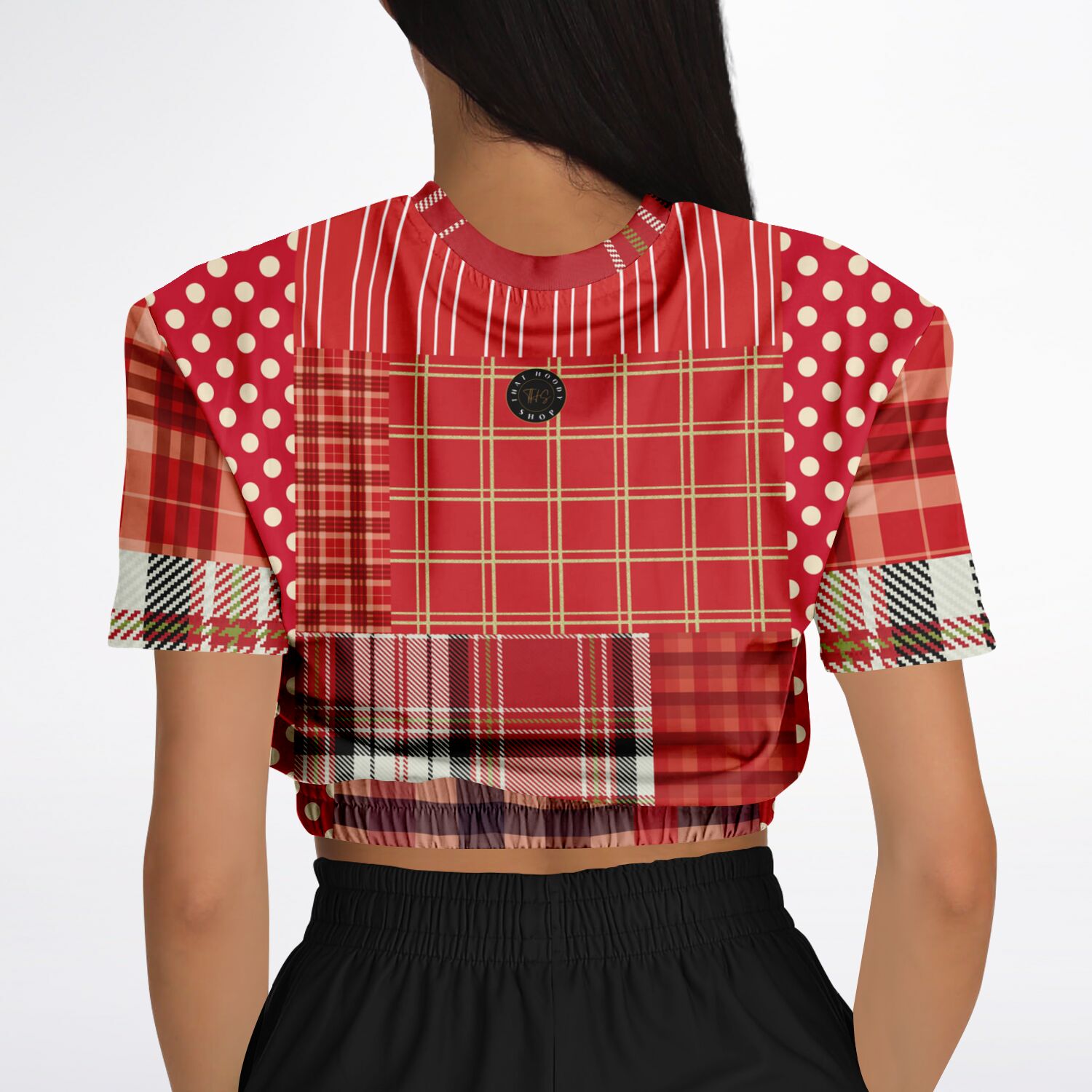 Jersey Salsa Plaid Patchwork Short Sleeve Cropped Eco-Poly Sweater