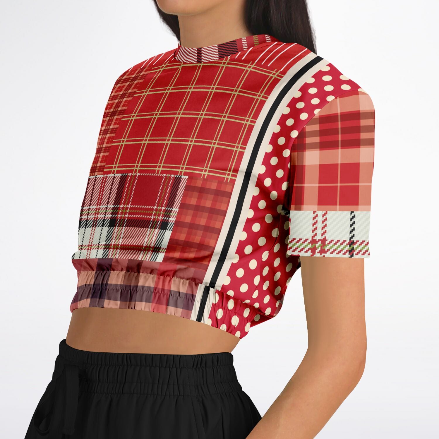 Jersey Salsa Plaid Patchwork Short Sleeve Cropped Eco-Poly Sweater