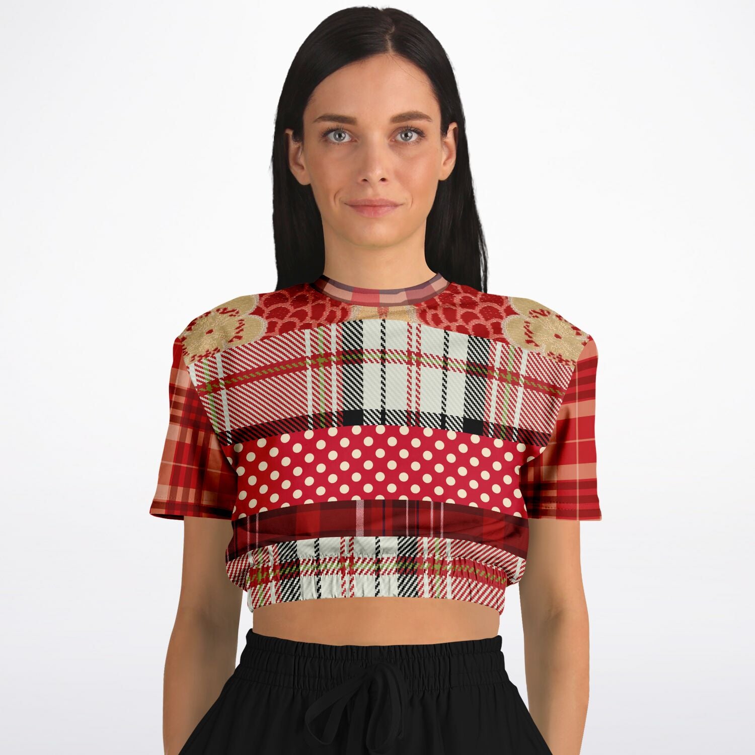 Jersey Salsa Red Plaid Short Sleeve Cropped Eco-Poly Sweater