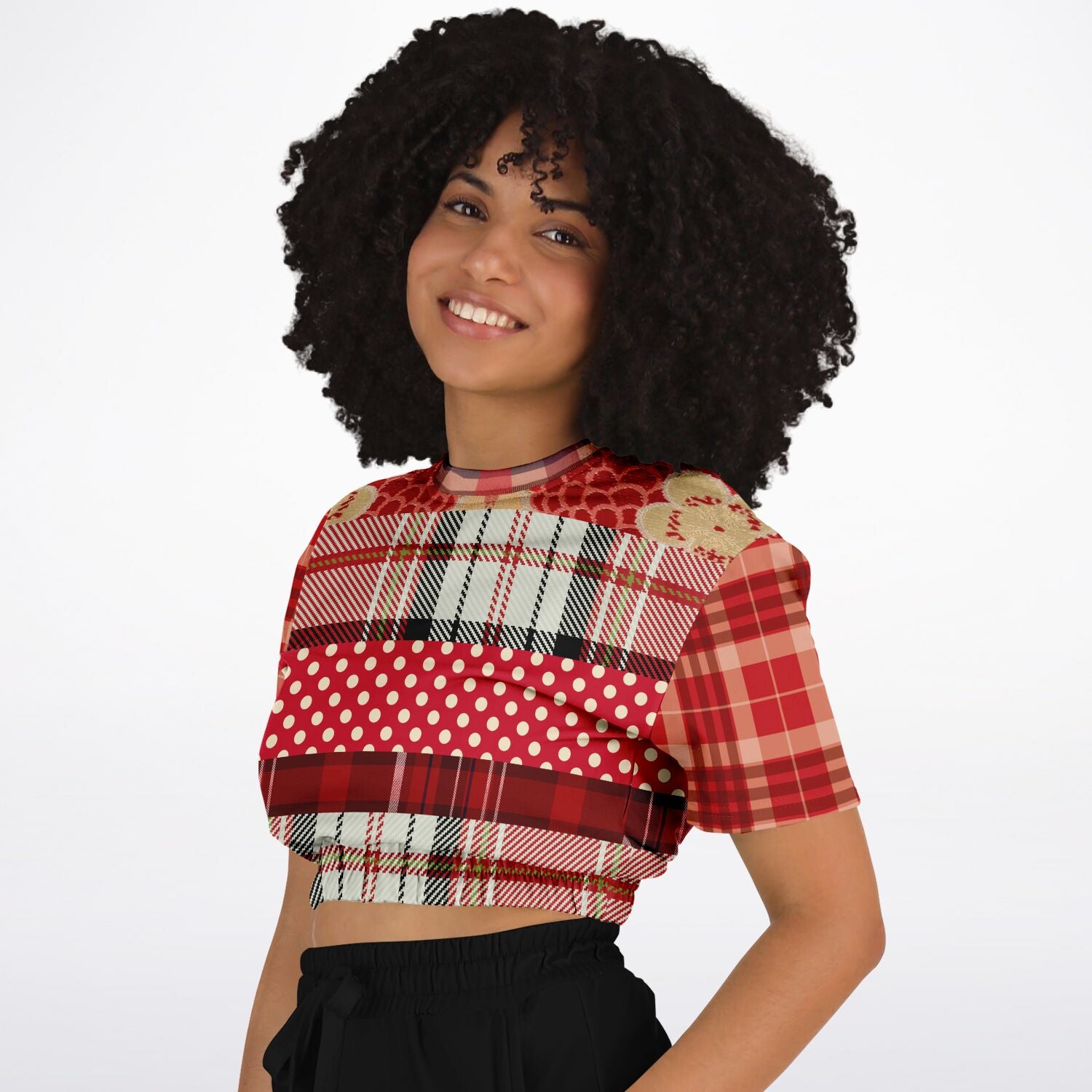 Jersey Salsa Red Plaid Short Sleeve Cropped Eco-Poly Sweater