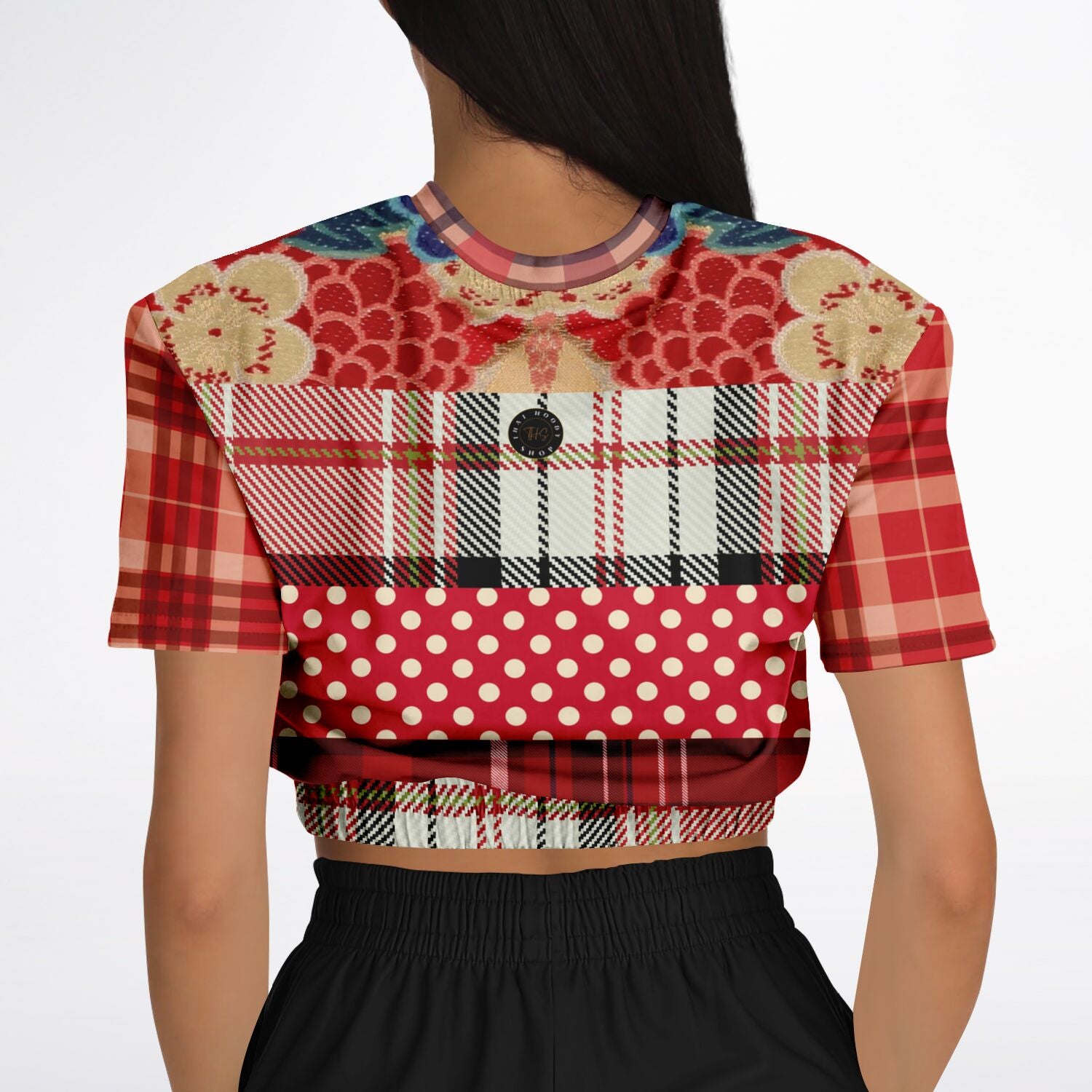 Jersey Salsa Red Plaid Short Sleeve Cropped Eco-Poly Sweater