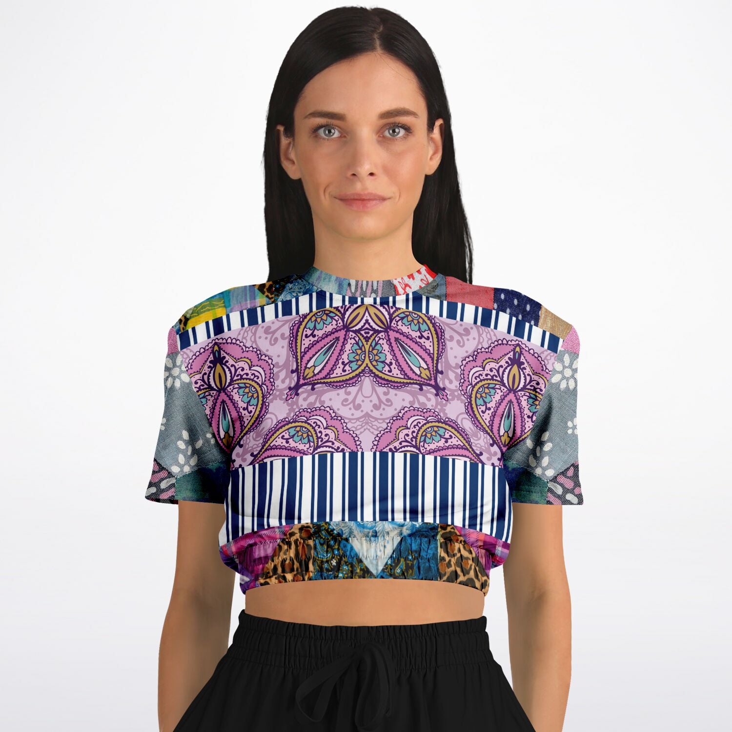 Juxtapose Patchwork Quilt Short Sleeve Cropped Eco-Poly Sweater