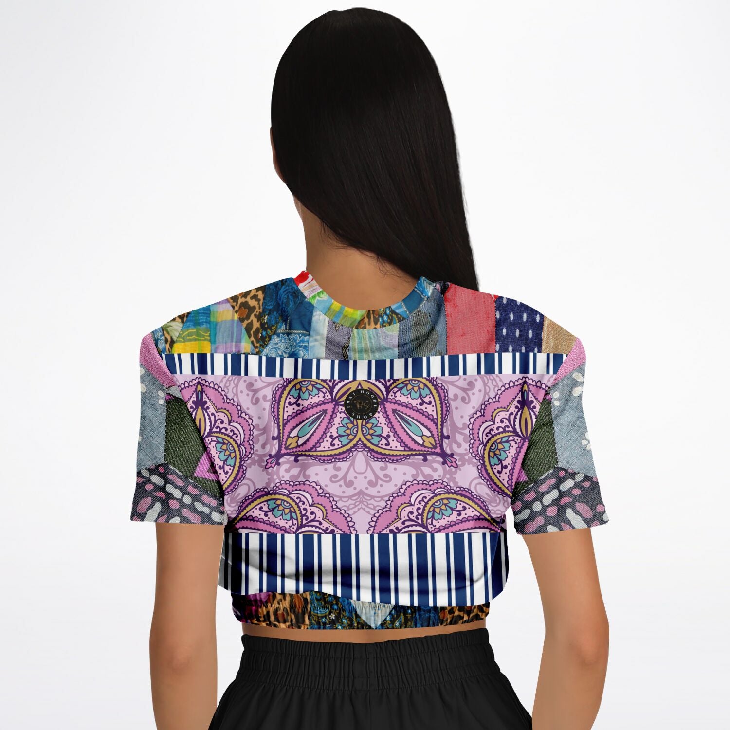 Juxtapose Patchwork Quilt Short Sleeve Cropped Eco-Poly Sweater