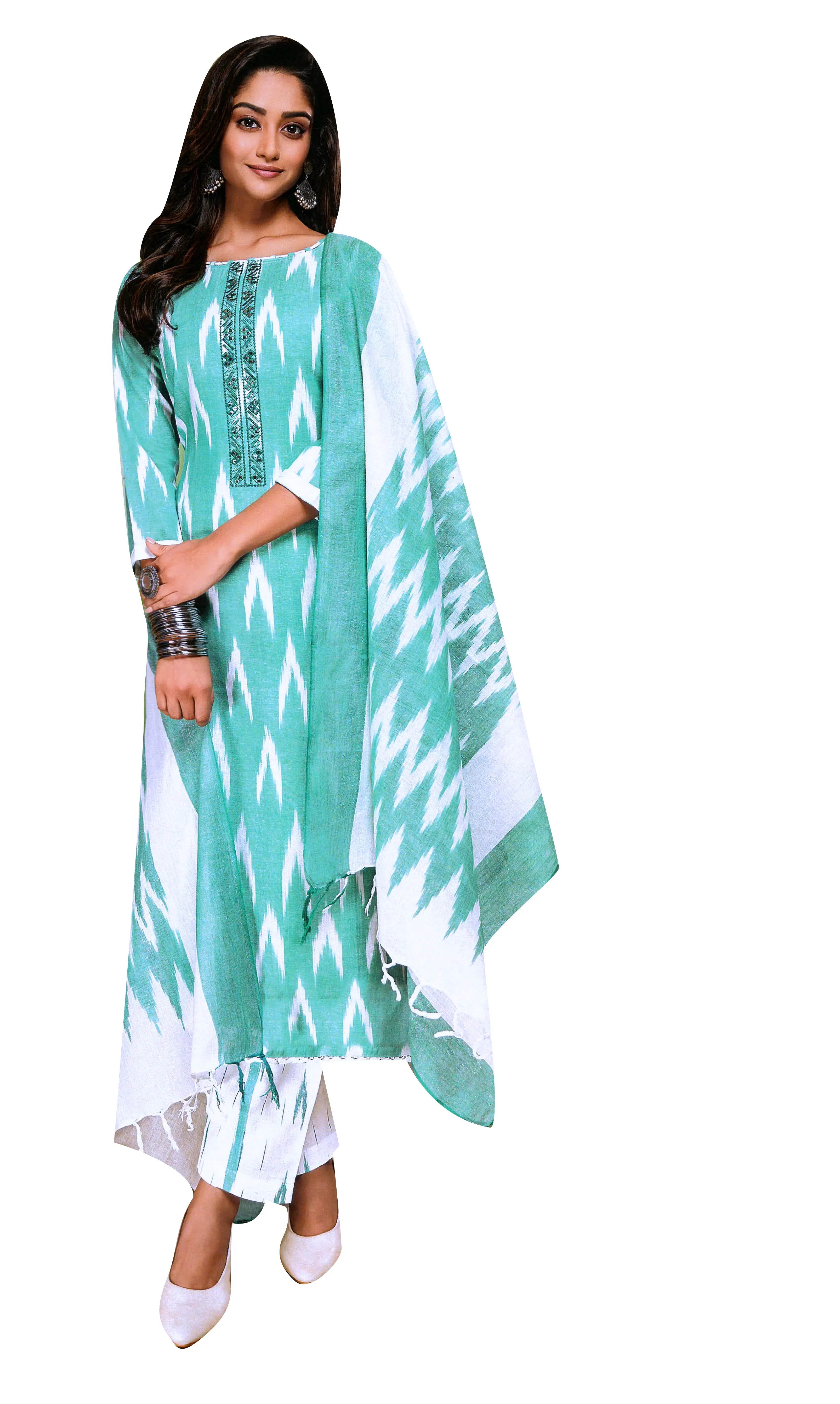 Ladyline Cotton Ikkat Weaving Salwar Kameez for women | Embroidered Neckline, Straight Pants |