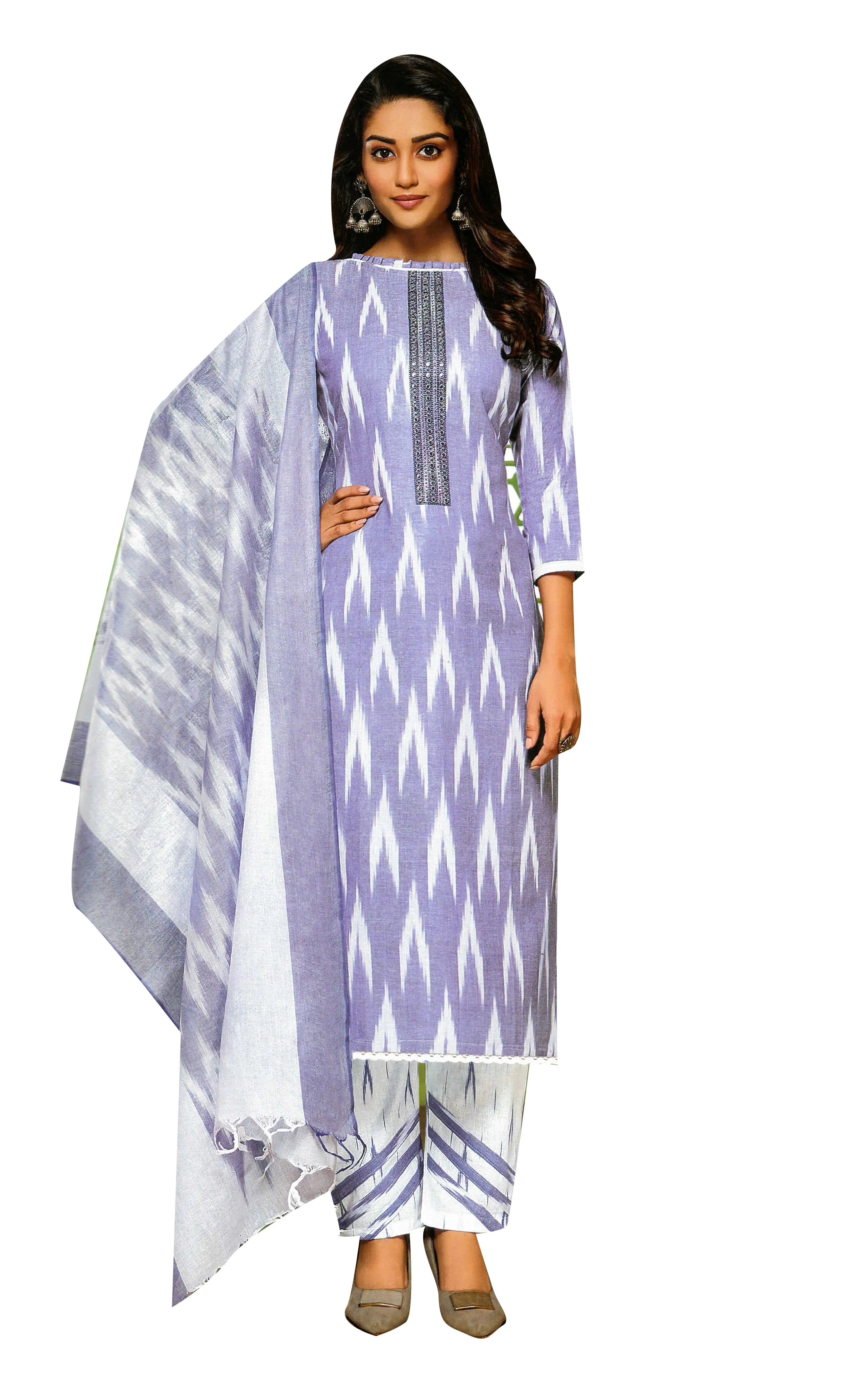 Ladyline Cotton Ikkat Weaving Salwar Kameez for women | Embroidered Neckline, Straight Pants |